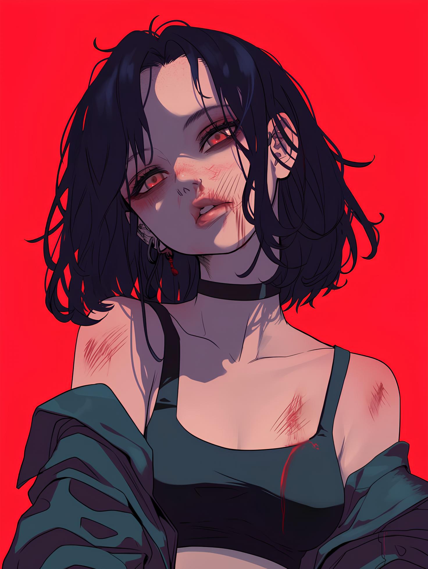 ai ai_generated bare_shoulders black_hair blood blood_on_face bruise bruises crazy crazy_eyes crazy_girl cuts jacket kestrel_blackwood messy_hair original_character red_background red_eyes redphoenix_ short_hair shoulders straps violence young_female