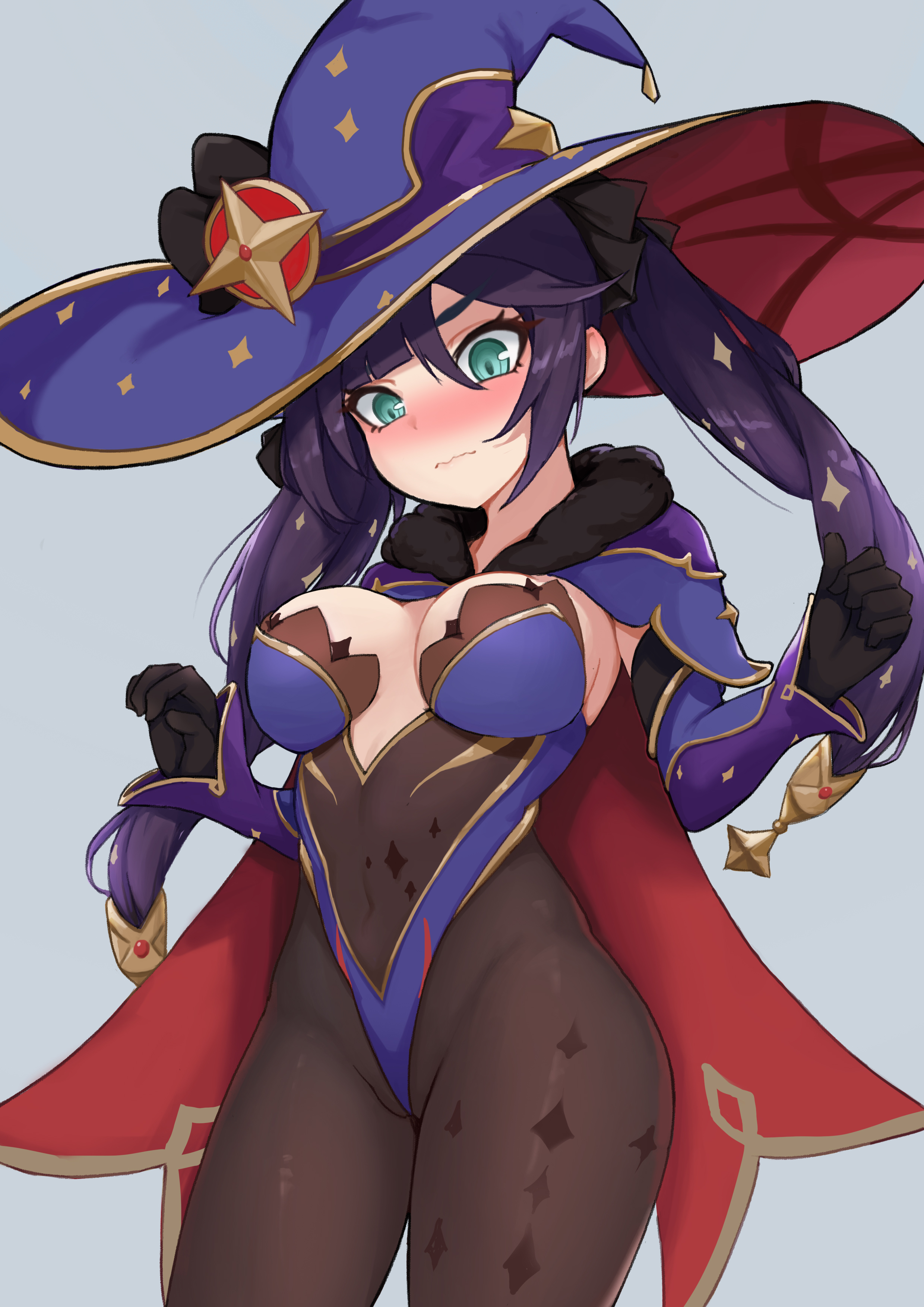 1girls, alternate breast size, big breasts, blue eyes, breasts, cape, clothed, clothing, female, genshin impact, hat, lipstick, medium hair, mona (genshin impact), purple hair, solo, tagme, twintails, white skin