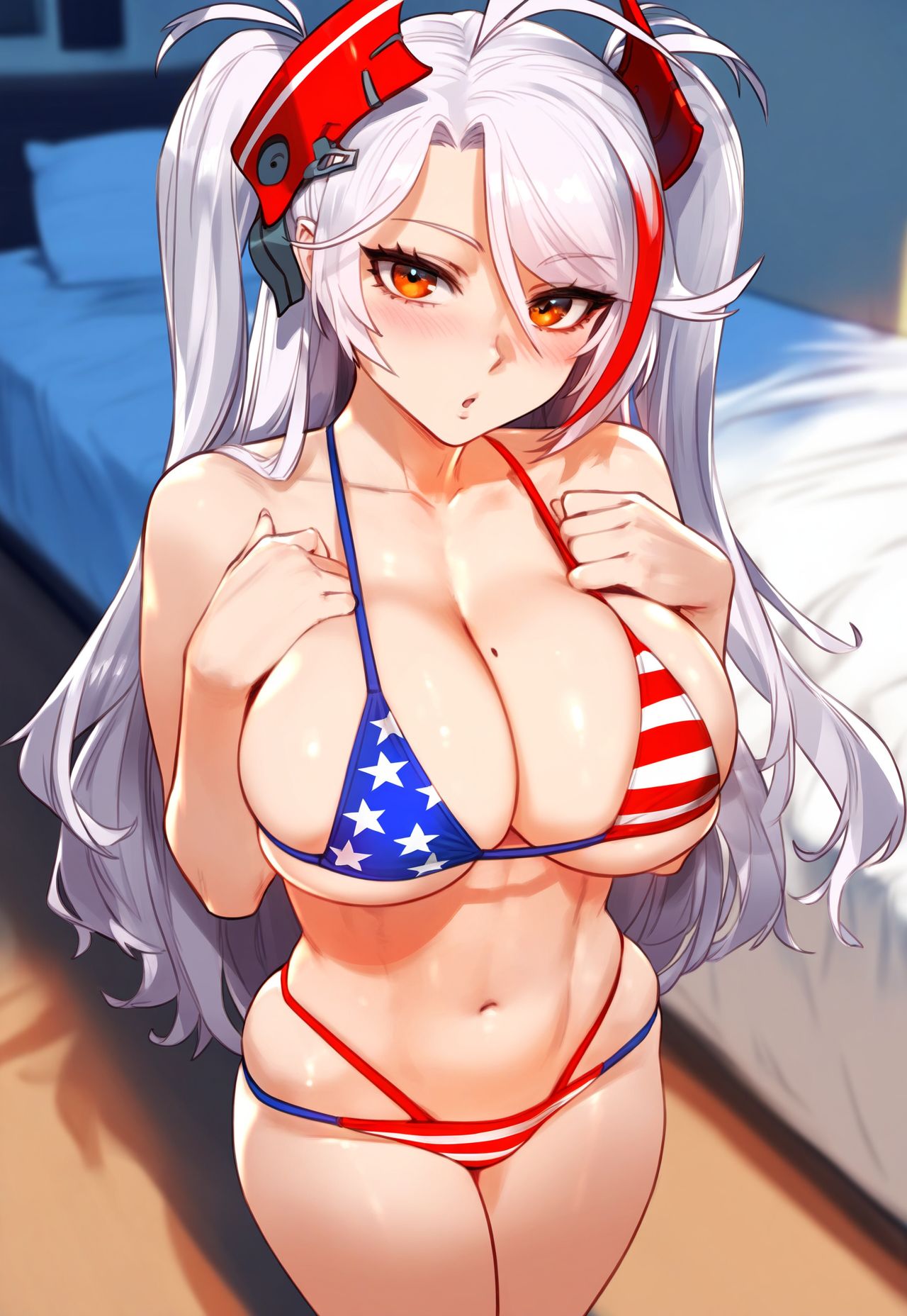 1girls ai_generated american_flag_bikini azur_lane big_breasts bikini breasts female female_focus female_only huge_breasts large_breasts light-skinned_female looking_at_viewer prinz_eugen_(azur_lane) thick_thighs thighs white_hair yellow_eyes