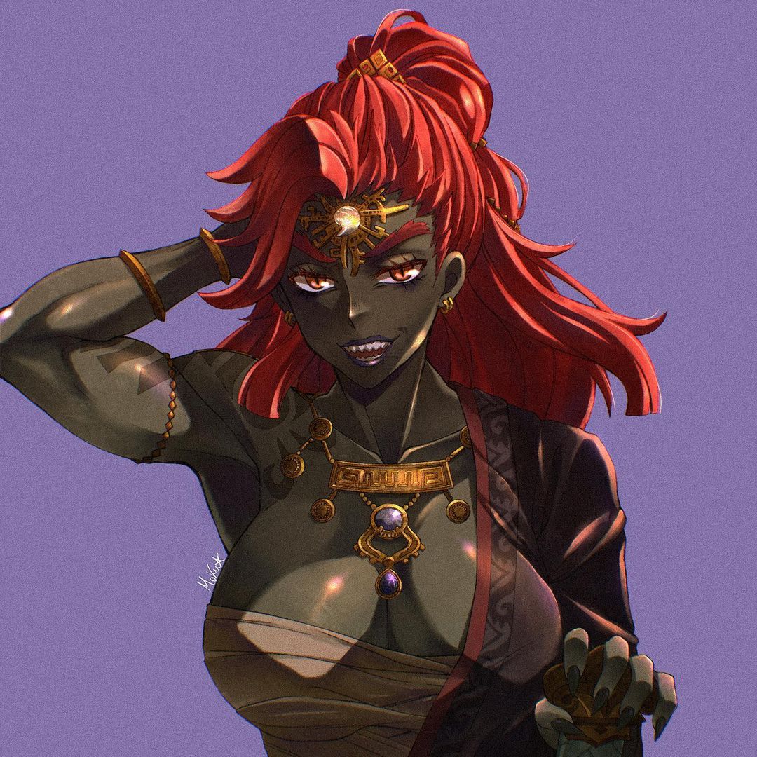 1girls big_breasts bracelet bracelets breasts earrings ganon ganondorf ganondorf_(tears_of_the_kingdom) genderswap_(mtf) green_skin large_boobs large_breasts maku_masaki_art red_eyes red_hair rule_63 solo_female tears_of_the_kingdom the_legend_of_zelda the_legend_of_zelda:_tears_of_the_kingdom