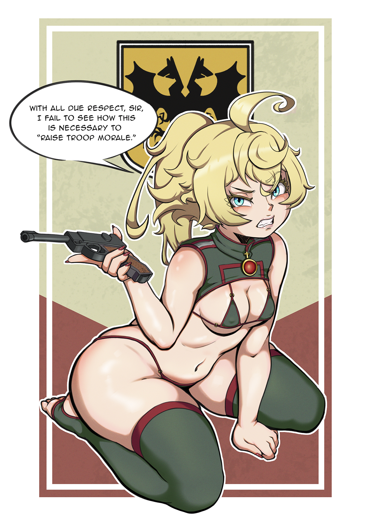 1girls, 2025, ass, breasts, female, female only, gun, looking at viewer, luger p08, luger pistol, medium breasts, military uniform, mrmann, pinup, pistol, pose, stirrup legwear, talking to viewer, tanya degurechaff, weapon, youjo senki