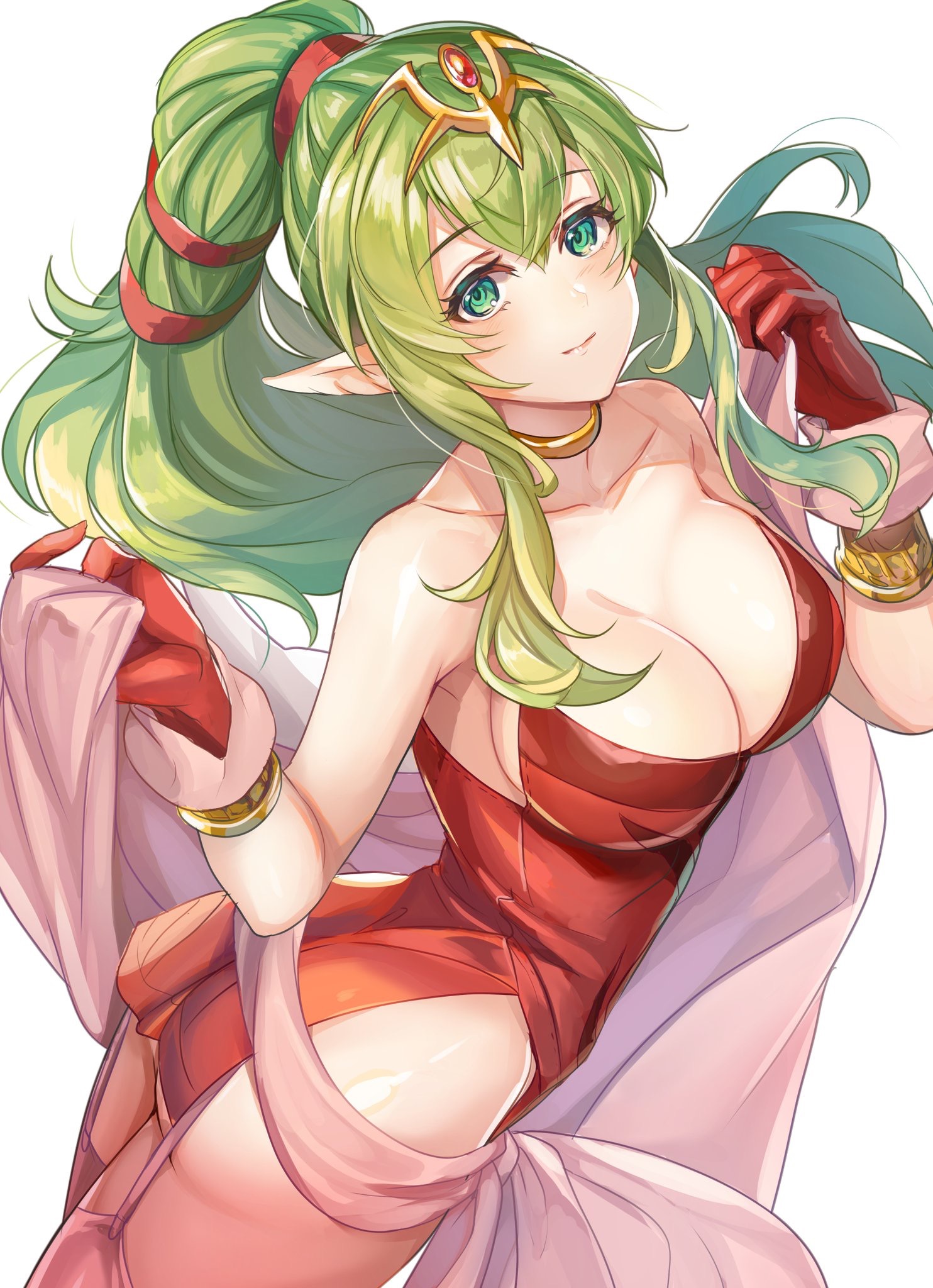 1girls, ass, bare shoulders, bare thighs, big ass, breasts, cape, cleavage, collar, collarbone, commentary request, dress, female, fire emblem, fire emblem awakening, garter straps, gloves, green eyes, green hair, hair ornament, highres, jewelry, kokouno oyazi, large breasts, long hair, manakete, nintendo, no bra, no panties, no underwear, older, pointy ears, ponytail, red dress, red gloves, short dress, side slit, simple background, smile, solo, strapless, strapless dress, thighhighs, thighs, tiara, tiki (fire emblem), tiki (fire emblem) (adult), undressing, white background