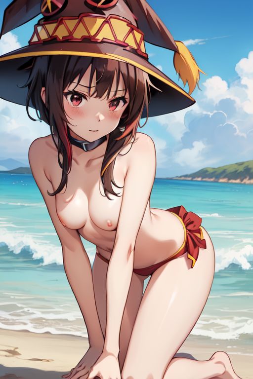 ai_generated all_fours beach blush breasts breasts_out brown_hair collar half-dressed hat kono_subarashii_sekai_ni_shukufuku_wo! megumin red_eyes short_hair small_breasts swimsuit takemehigh thick_thighs witch_hat