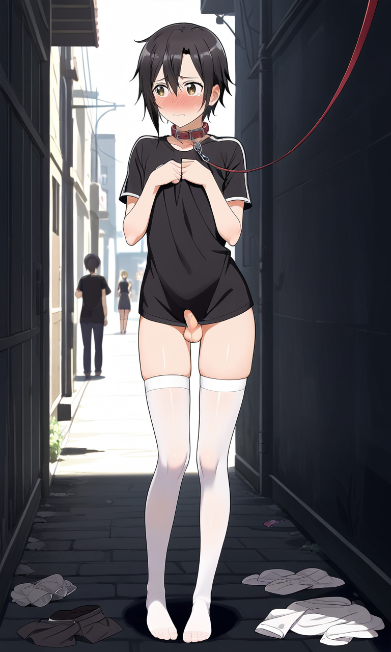 ai_generated alley black_hair blush collar cute embarrassed embarrassed_nude_male femboy kirigaya_kazuto kirito kirito_(sao-ggo) leash leash_pull male_only pretty_boy short_hair shy small_penis standing sword_art_online table thighhighs tiny_penis trap zoner_check