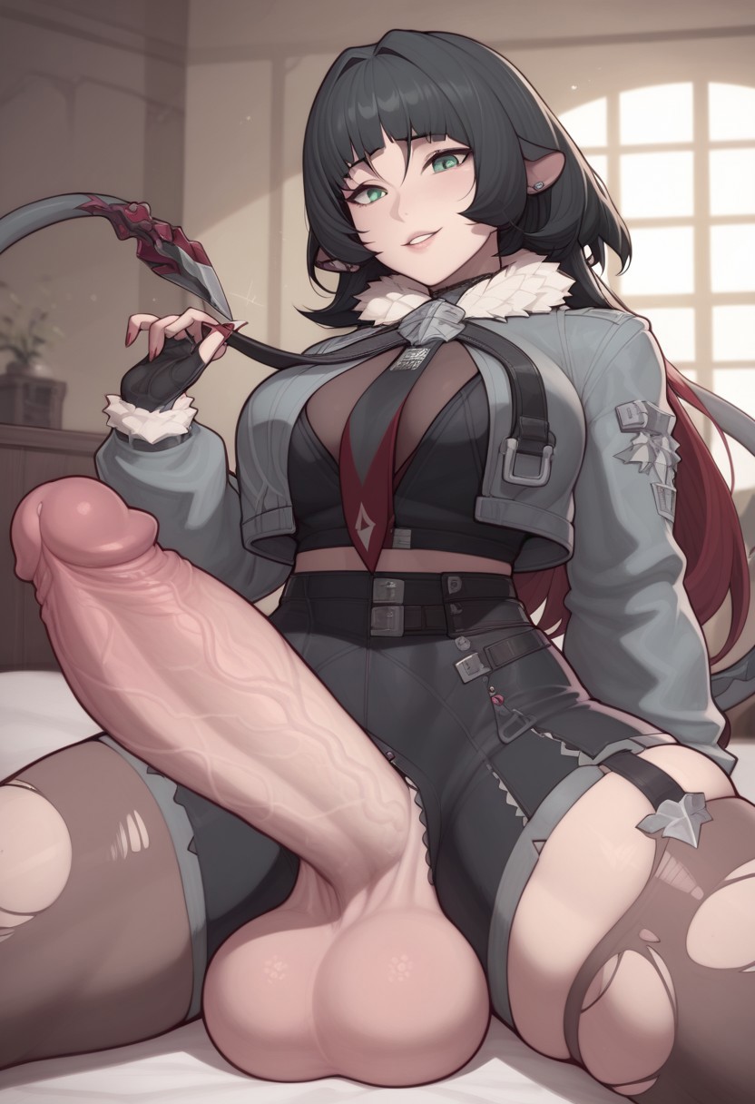 ai_generated black_hair fur_collar futa_only futanari jacket jane_doe_(zenless_zone_zero) large_balls large_penis multicolored_hair nails rat_ears rat_girl rat_tail solo_futa spartan25 stockings straps thick_thighs tie torn_clothes wide_hips zenless_zone_zero