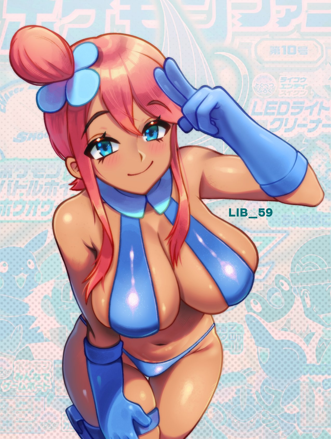 1girls artist_name bare_shoulders big_breasts blue_eyes blue_panties blush breasts collarbone creatures_(company) dark-skinned_female dark_skin female game_freak gloves hand_on_own_thigh highres large_breasts lib_100 looking_at_viewer navel nintendo panties pokemon pokemon_bw red_hair skyla_(pokemon) smile tan thick_thighs thigh_strap thighs underwear