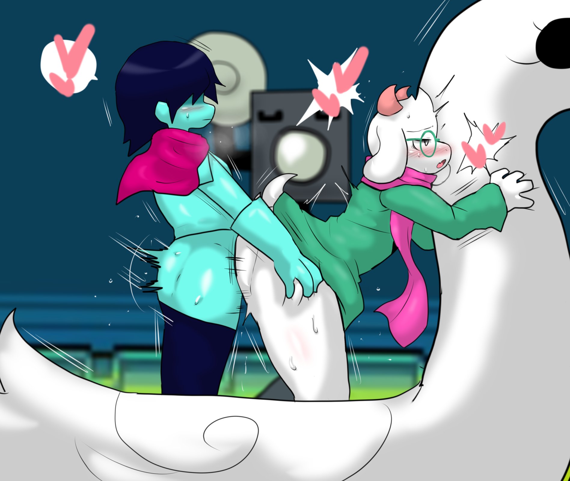 <3, 2boys, anal, anal sex, anthro, blush, deltarune, duo, enigi09, glasses, heart, hi res, human on anthro, kris (deltarune), male, open mouth, ralsei, scarf, sex, sweat, white fur, yaoi