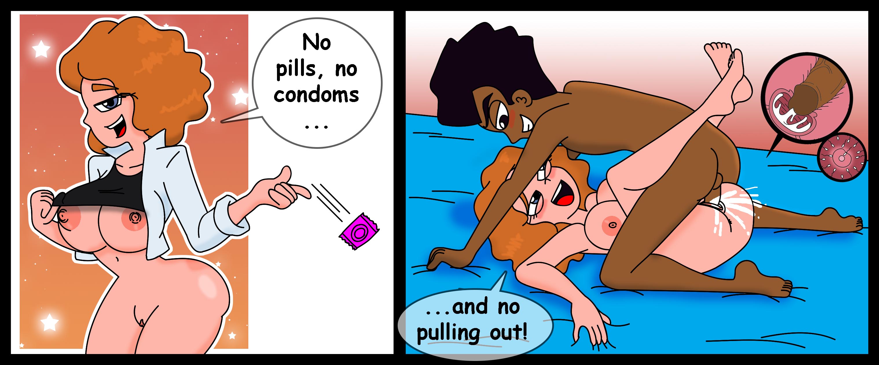 1boy, barefoot, black hair, breasts, color, comic, commission, condom toss, cum, cum in pussy, cum inside, cum overflow, dark skin, dark-skinned male, dialogue, female, ferozyraptor, hipplesd, human, human female, human male, human only, impregnation, leg lock, light skin, light-skinned female, looking at partner, looking at viewer, lying on bed, male, mating press, melissa chase, milo murphy's law, open eyes, open mouth, ovum, ovum penetration, penetration, penis, penis in pussy, pussy, red hair, sex, smile, sperm cell, sperm meets ovum, undressing, vaginal, vaginal only, x-ray, zack underwood