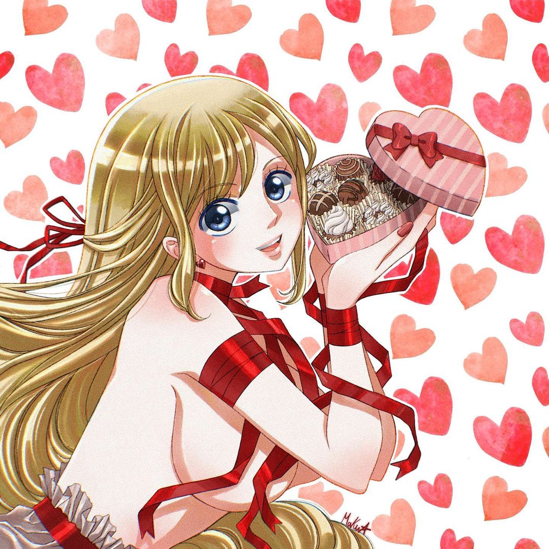 1girls big_boobs big_breasts big_tits blonde_hair blue_eyes breasts busty happy happy_female heart heart_background heart_earrings heart_symbol large_boobs large_breasts light-skinned_female light_skin long_hair maku_masaki_art oc original_character red_bow solo_female tits valentine's_day