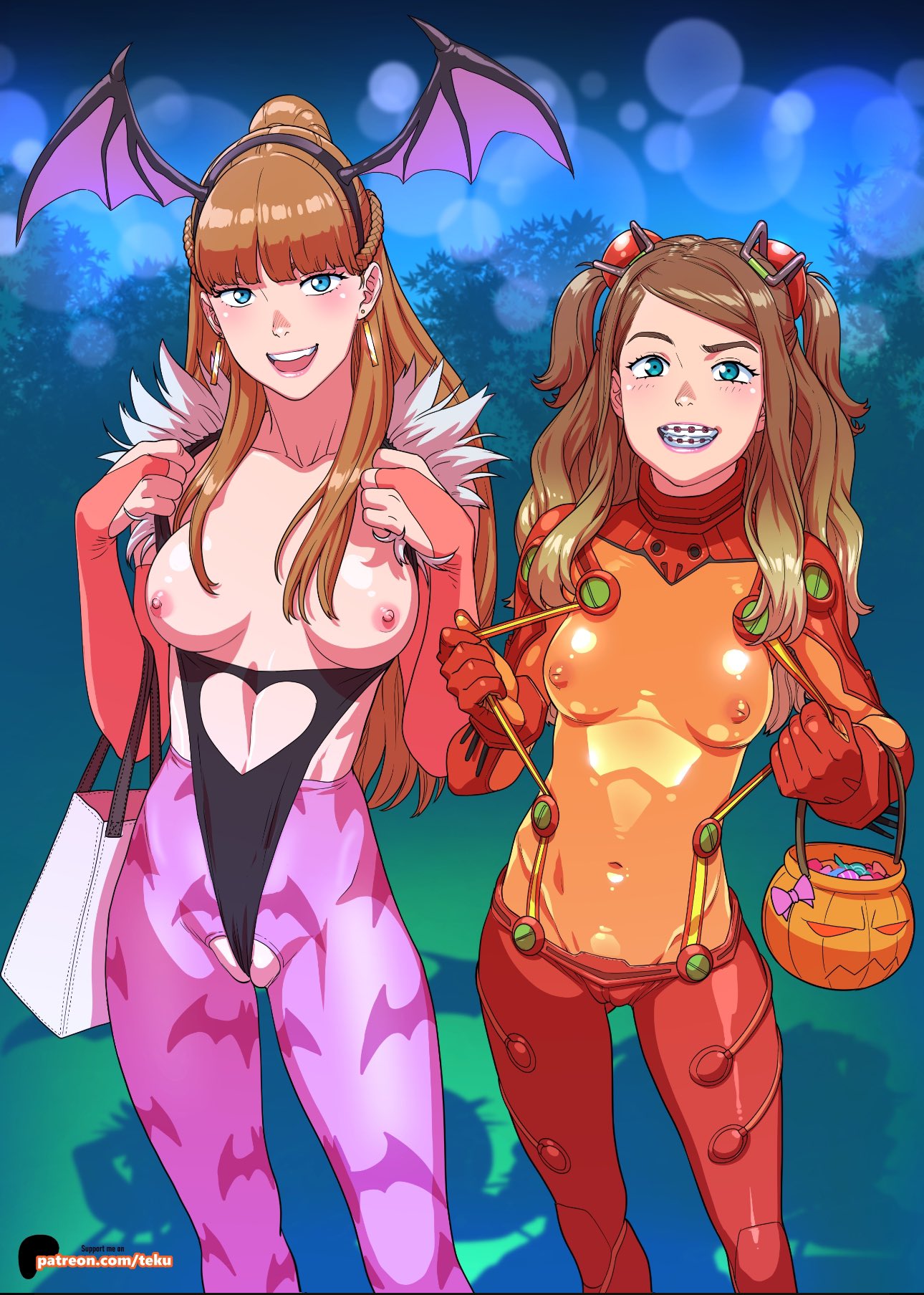 2girls asuka_langley_sohryu asuka_langley_sohryu_(cosplay) blue_eyes breasts brown_hair candy cosplay costume darkstalkers female female_only halloween july_(tekuho) morrigan_aensland morrigan_aensland_(cosplay) multiple_girls neon_genesis_evangelion plugsuit pussy tammy_(tekuho) tekuho trick_or_treat vampire