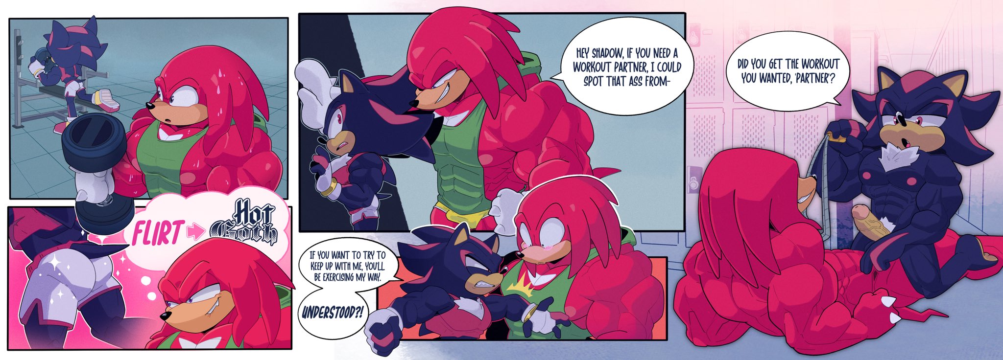 abs, anal, anal sex, anthro, anthro on anthro, ass, biceps, biting lip, biting own lip, blush, bulge, chest tuft, clothing, comic, cowgirl position, deadlyrabitt, dialogue, exercise, fur, furry, furry only, gay, gay sex, gym, gym bro, gym uniform, hedgehog, hi res, knuckles the echidna, locker room, looking at another, looking at ass, looking at partner, male, male only, male/male, mammal, muscular, muscular anthro, muscular male, nipples, nude, nude male, open mouth, pecs, pubic hair, red body, sex, shadow the hedgehog, shoes, shorts, size difference, small nose, small pupils, sonic (series), sonic the hedgehog (series), tank top, underwear, video games, yaoi, yellow underwear
