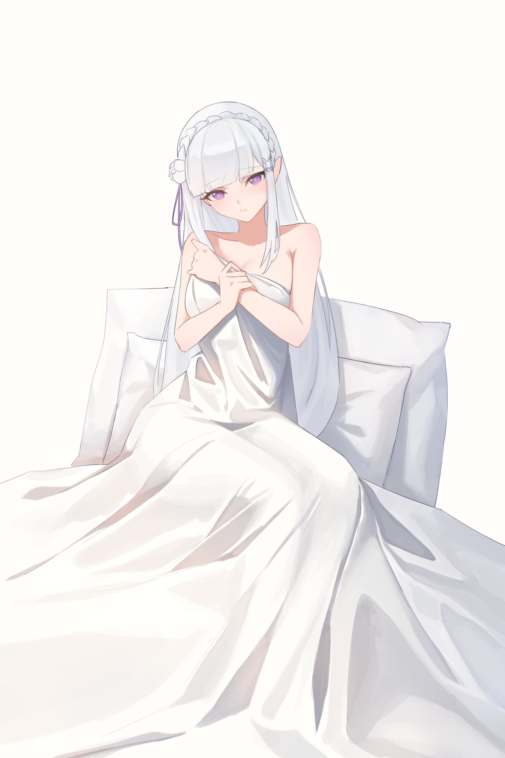 1girls, blanket, breasts, clothes removed, covering breasts, elf, elf ears, elf female, emilia (re:zero), exposed shoulders, female, kidnapped, light skin, light-skinned female, looking at viewer, naked, naked female, nude, nude female, on bed, purple eyes, re:zero kara hajimeru isekai seikatsu, silver hair, sitting, solo, undressed, white background