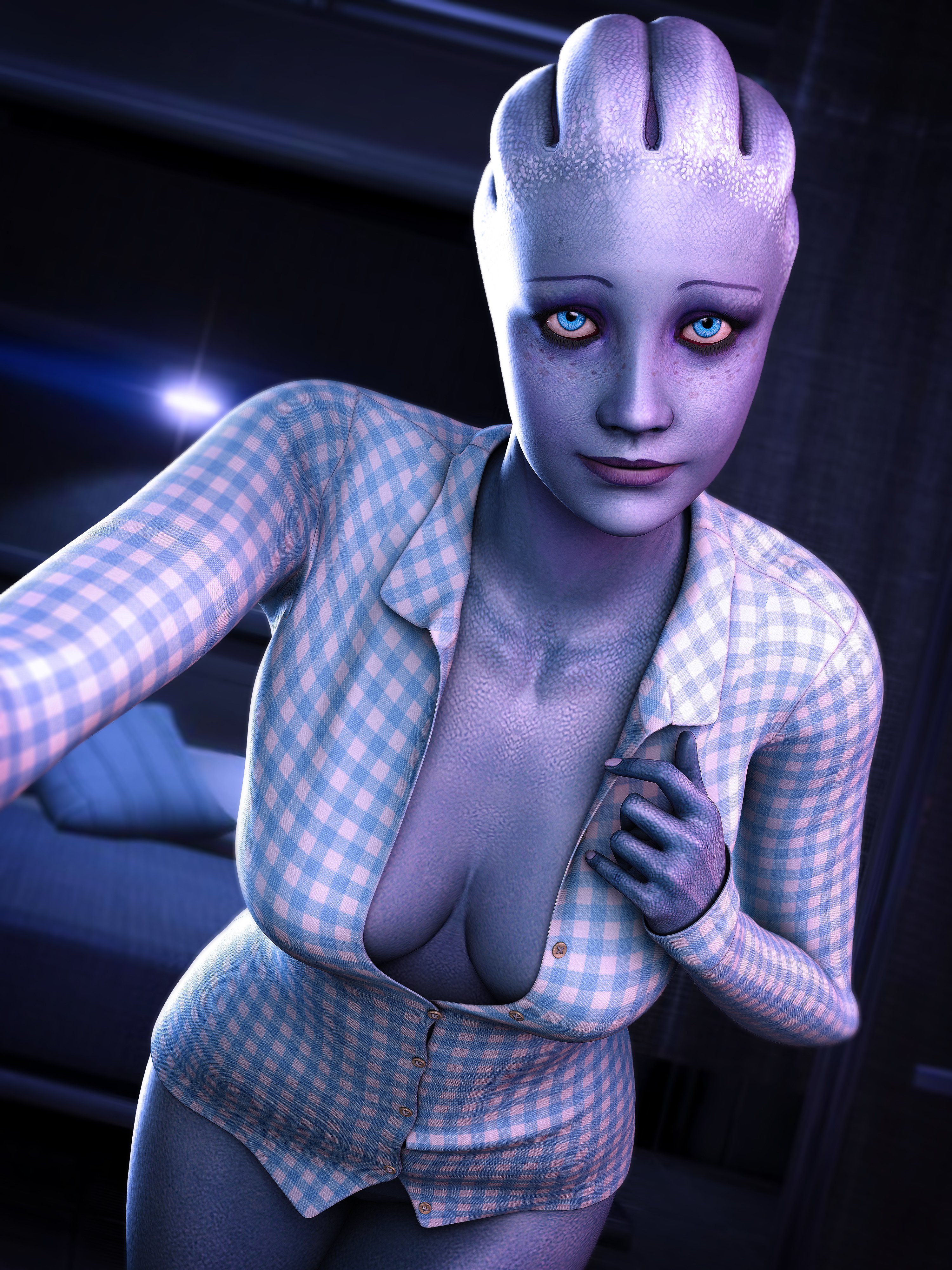 3d, asarimaniac, blue eyes, blue skin, breasts, cleavage, female, liara t'soni, looking at viewer, mass effect, shirt, smile, solo