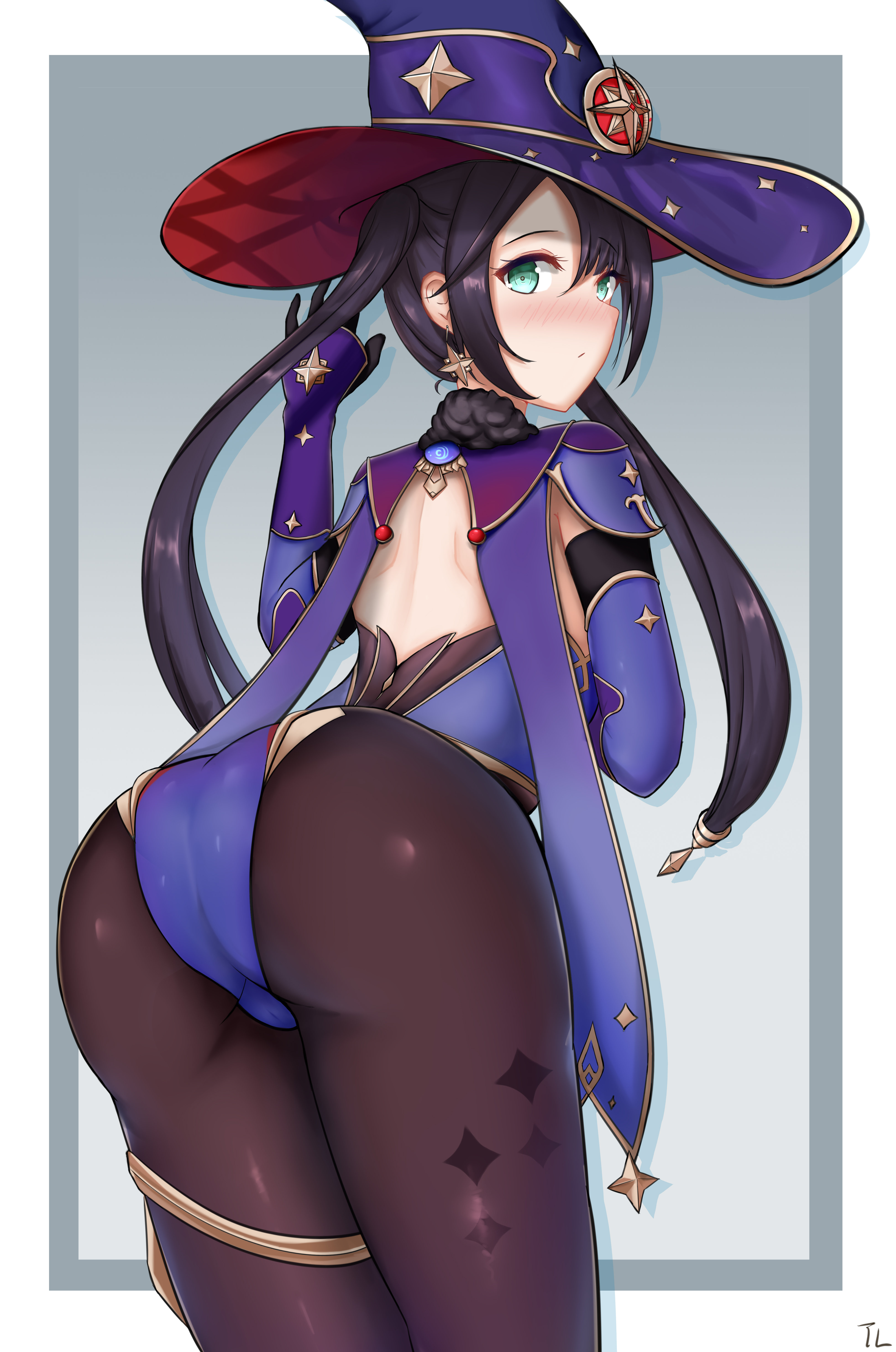 1girls, ass, blue eyes, cape, clothed, clothing, doraski, ear piercing, female, genshin impact, hat, long hair, mona (genshin impact), purple hair, pussy, solo, twintails, vagina visible through clothing