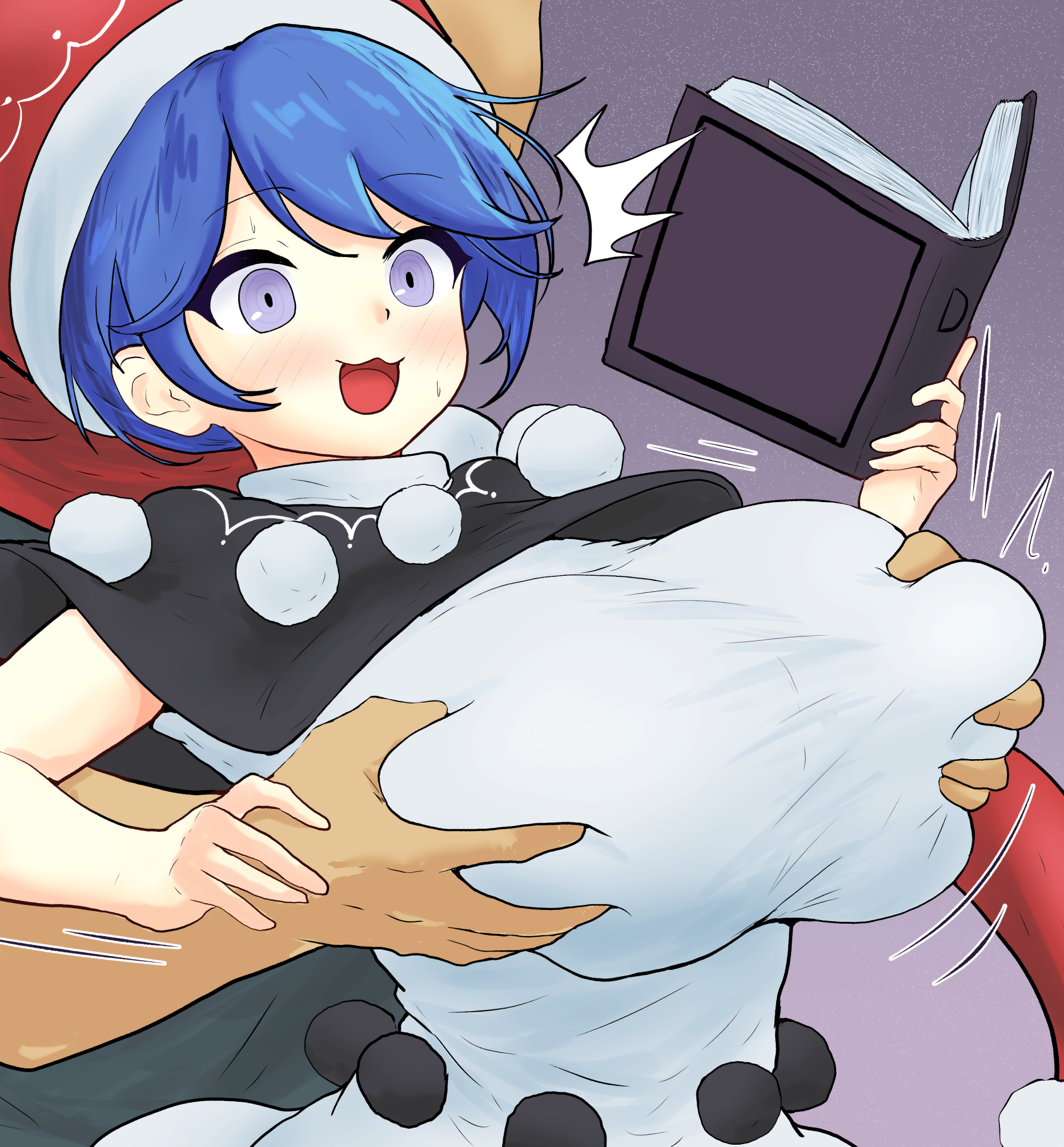 :3d, 1boy, 1girls, big breasts, blue hair, breasts, clothed female, doremy sweet, female, grabbing from behind, groping, groping from behind, hinben, light skin, light-skinned female, long hat, male, purple eyes, questionable consent, santa hat, touhou