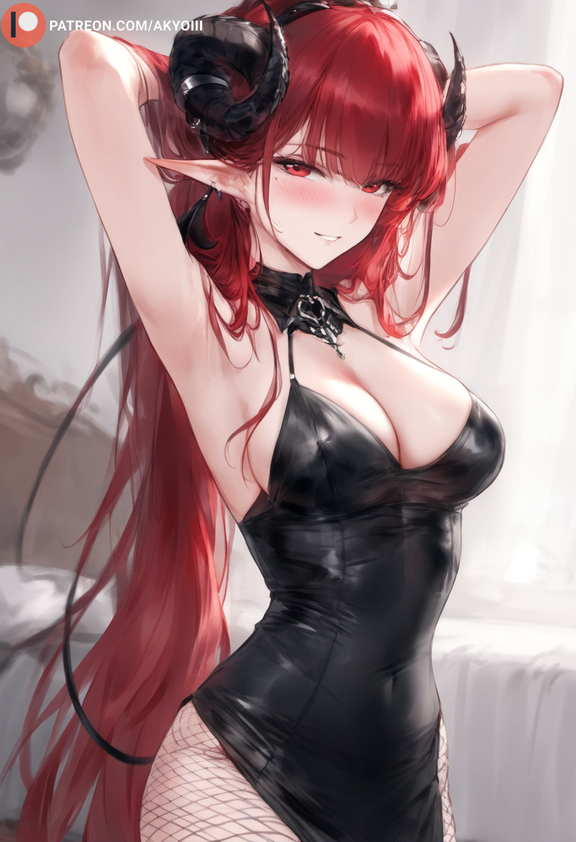 1girls ai_generated akyoi azur_lane bedroom big_breasts black_horn black_horns black_leotard blush breasts curled_horns demon_horns female from_front_position hindenburg_(azur_lane) hindenburg_(delirious_duel)_(azur_lane) horn horns iron_blood_(azur_lane) large_breasts leotard light-skinned_female light_skin long_hair looking_at_viewer necklace official_alternate_costume patreon pointy_ears red_eyes red_hair smile solo solo_female very_long_hair