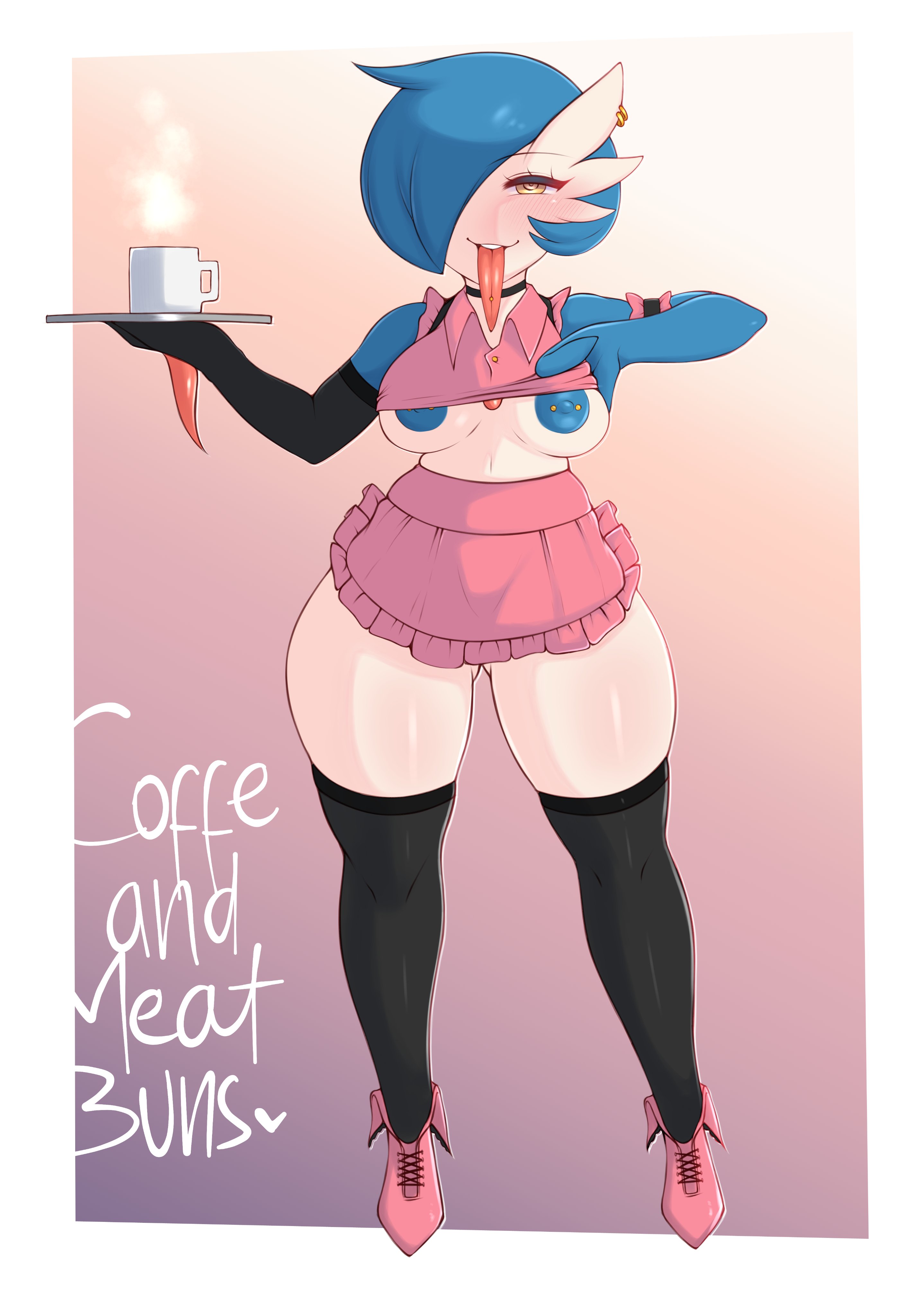 1girls, 2021, anthro, blue hair, blue nipples, blush, breasts, coffee, coffee mug, female, female focus, female gardevoir, female only, female pokemon, flashing breasts, gardevoir, gold eyes, hair over one eye, hi res, large breasts, long tongue, looking at viewer, naughty face, nintendo, pokémon (species), pokemon, pokemon (species), pokemon rse, saltyxodium, serving tray, shiny pokemon, shirt lift, short hair, suggestive look, thick thighs, thighhighs, thighs, tongue, tongue out, waitress, white body