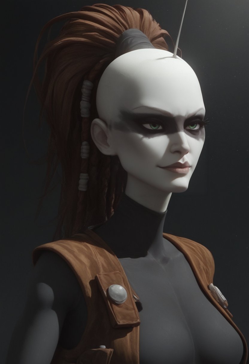 ai_generated aurra_sing braided_ponytail brown_hair clone_wars dreadlocks duchess_eugene face_paint female female_focus green_eyes long_hair ponytail portrait star_wars turtleneck vest white_skin