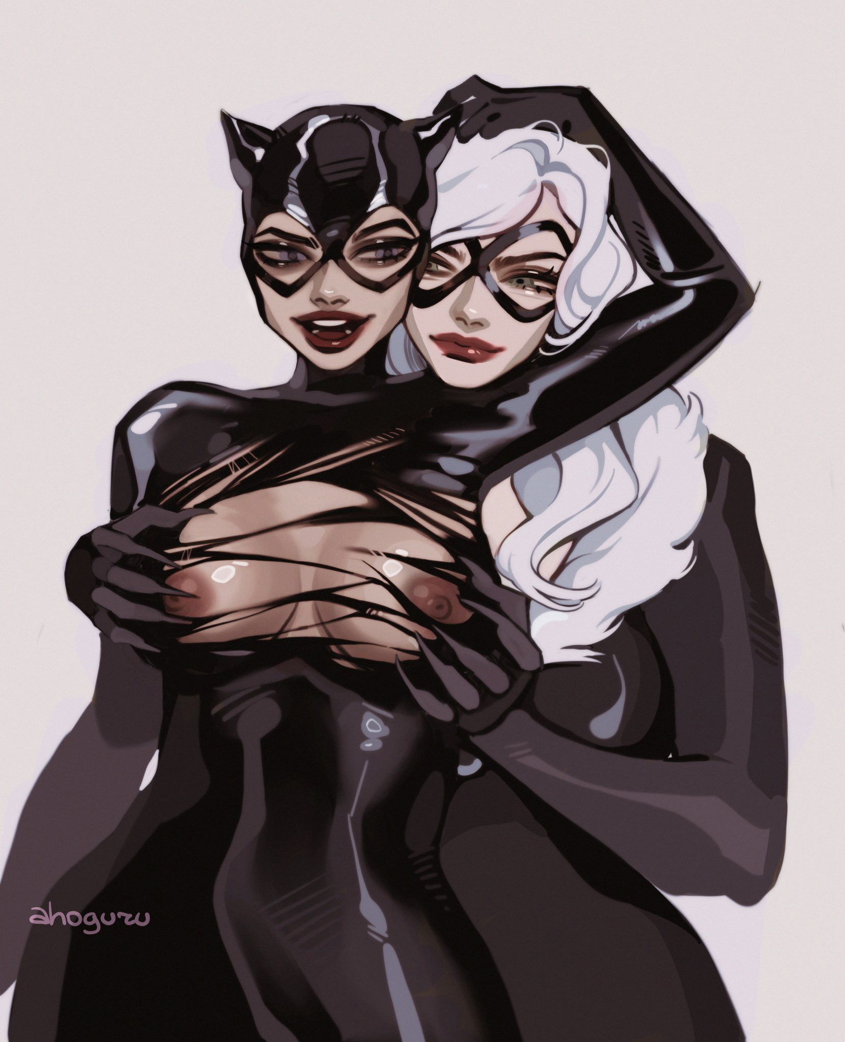 2girls, ahageao49, ahoguru, batman (series), black cat (marvel), bodysuit, breasts, catwoman, crossover, dc, dc comics, felicia hardy, female, female only, leather, lipstick, marvel, marvel comics, multiple females, multiple girls, nipples, red lipstick, ripped clothing, selina kyle, spandex, spider-man (series), tight clothing, yuri