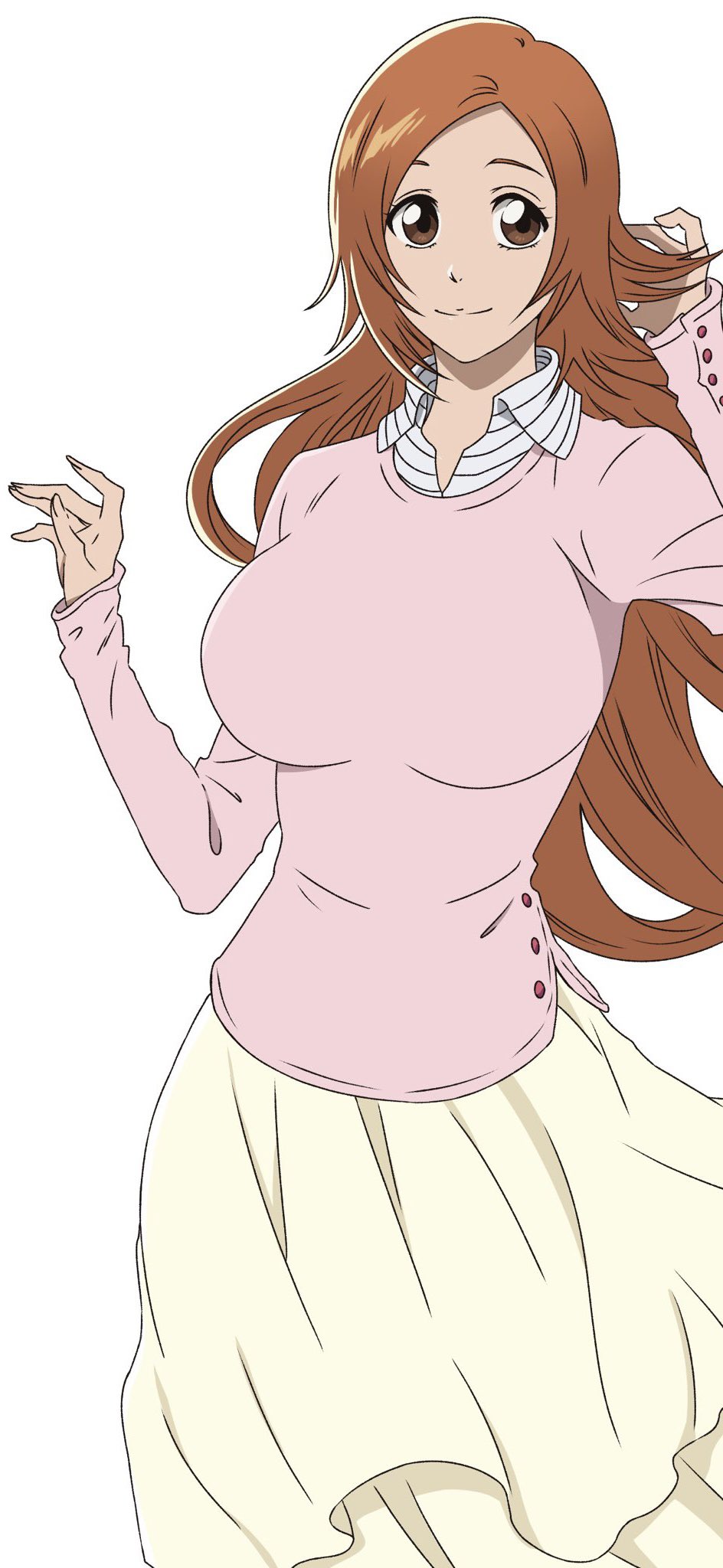 1girls anime big_breasts bleach bleach:_the_thousand-year_blood_war breasts clothed clothing collared_shirt copyright_name english_text female female_focus female_only inoue_orihime large_breasts long_hair long_skirt long_sleeves looking_at_another looking_away official_art orange_hair pink_sweater sfw shirt smile solo solo_female solo_focus standing striped_shirt sweater text yellow_skirt zoom_layer