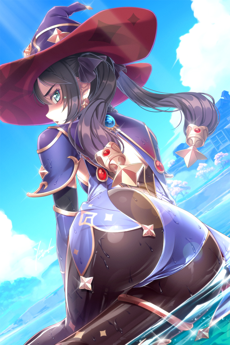 1girls, ass, blue eyes, breasts, cape, clothed, clothing, female, genshin impact, hat, long hair, looking at viewer, mona (genshin impact), ocean, open mouth, outdoors, outside, purple hair, sideboob, solo, twintails, water, youharuka