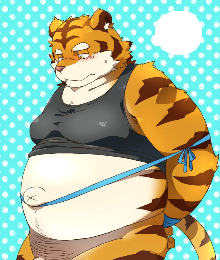 2015 anthro barely_visible_genitalia barely_visible_penis belly blush clothing felid genitals kemono male mammal navel nikiciy overweight overweight_male pantherine penis shirt solo tiger topwear