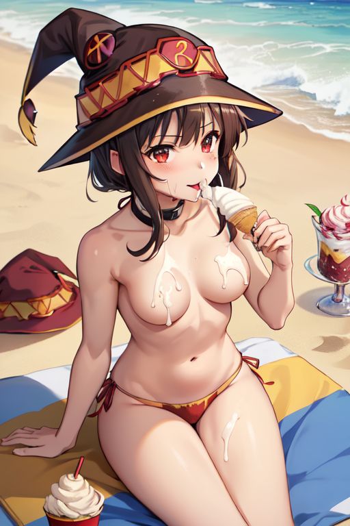 ai_generated beach blush breasts breasts_out brown_hair collar half-dressed hat ice_cream kono_subarashii_sekai_ni_shukufuku_wo! licking megumin red_eyes short_hair small_breasts swimsuit takemehigh thick_thighs witch_hat