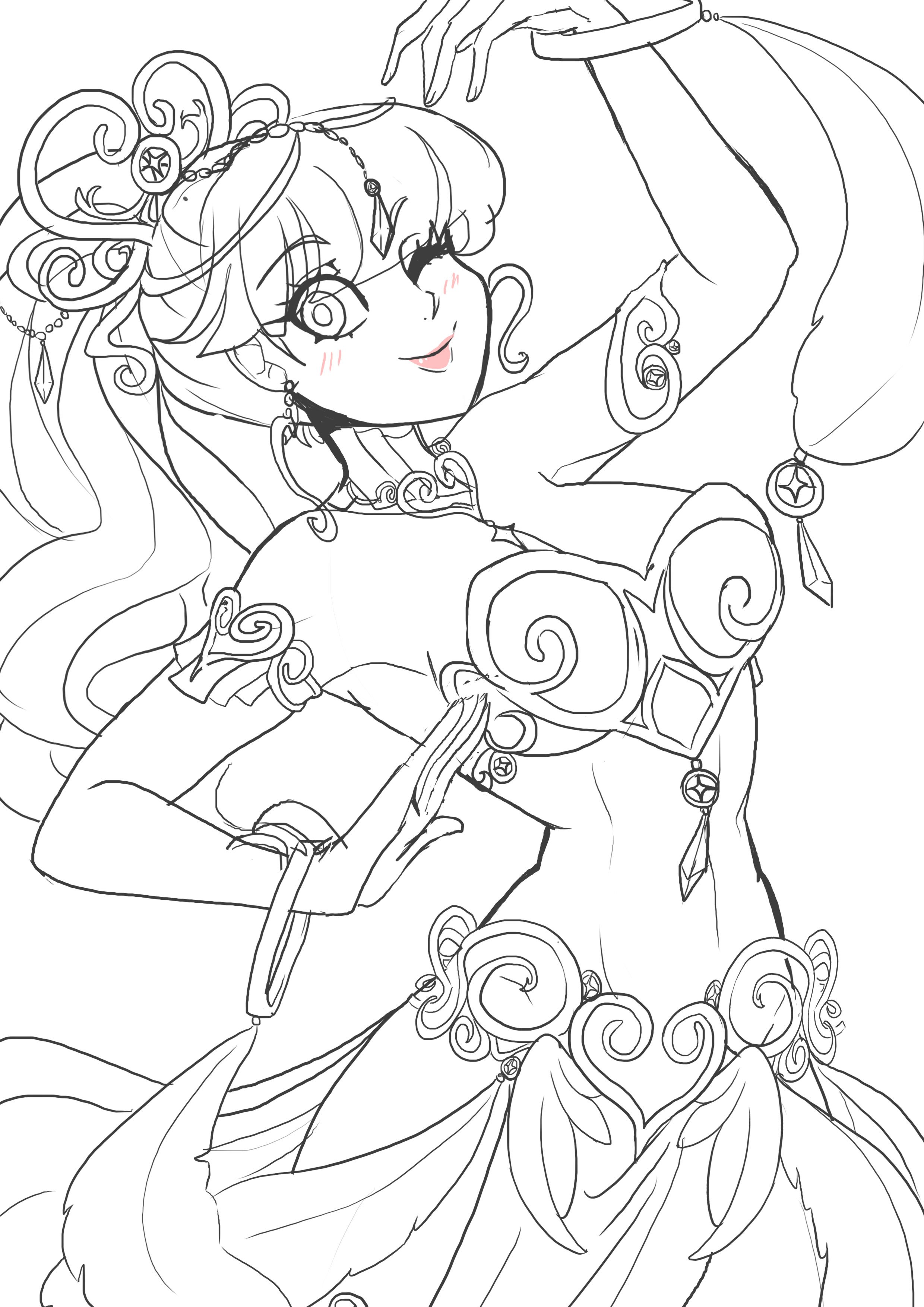 1girls, alternate costume, atlus, belly dancer, belly dancer outfit, black and white, breasts, dancer, dancer outfit, ear piercing, female, harem outfit, kasumi yoshizawa, kinkymation, lipstick, looking at viewer, medium hair, metal bikini, no color, one eye closed, persona, persona 5, persona 5 royal, solo, sumire yoshizawa, wink, winking, winking at viewer