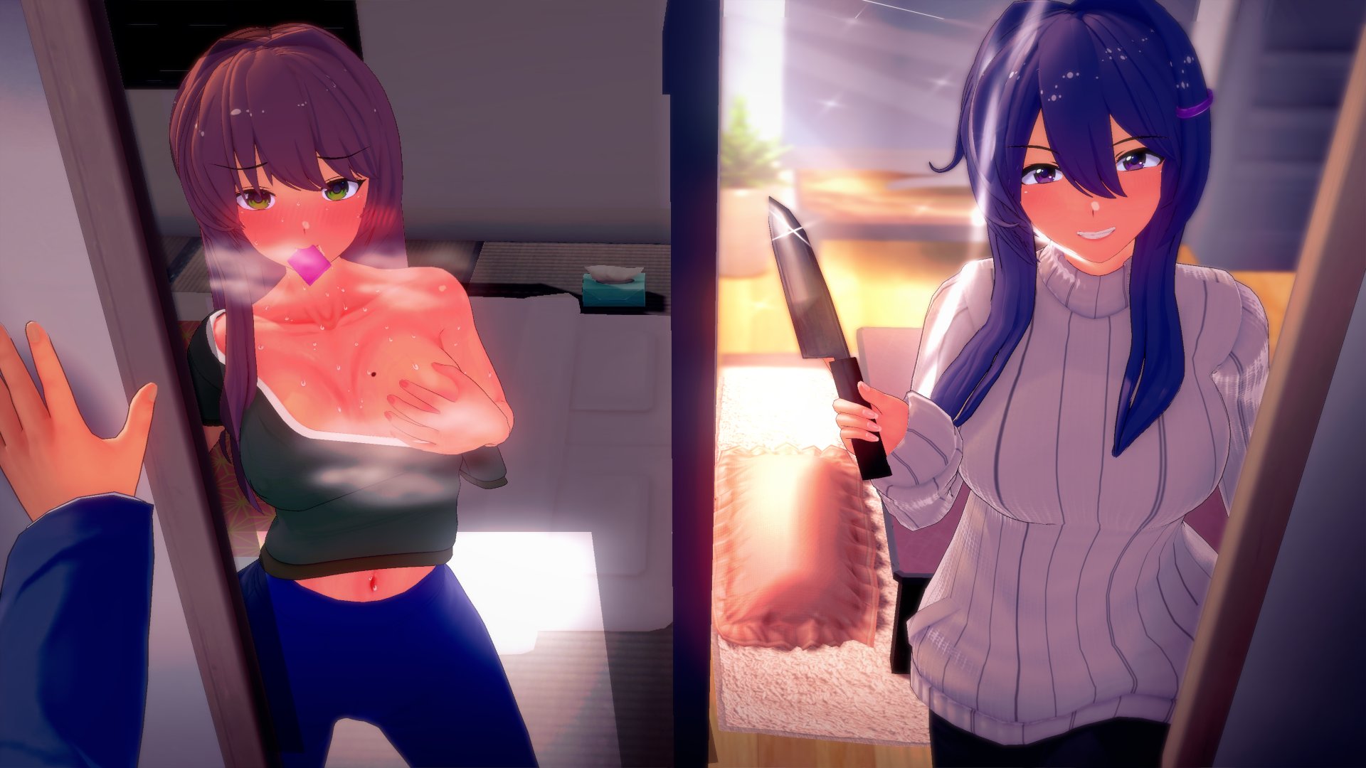 2girls, 3d, before sex, breasts, condom, condom in mouth, doki doki literature club, female, grabbing own breast, human, human only, imminent sex, knife, light skin, light-skinned female, looking at viewer, mashirosolera, monika (doki doki literature club), yuri (doki doki literature club)