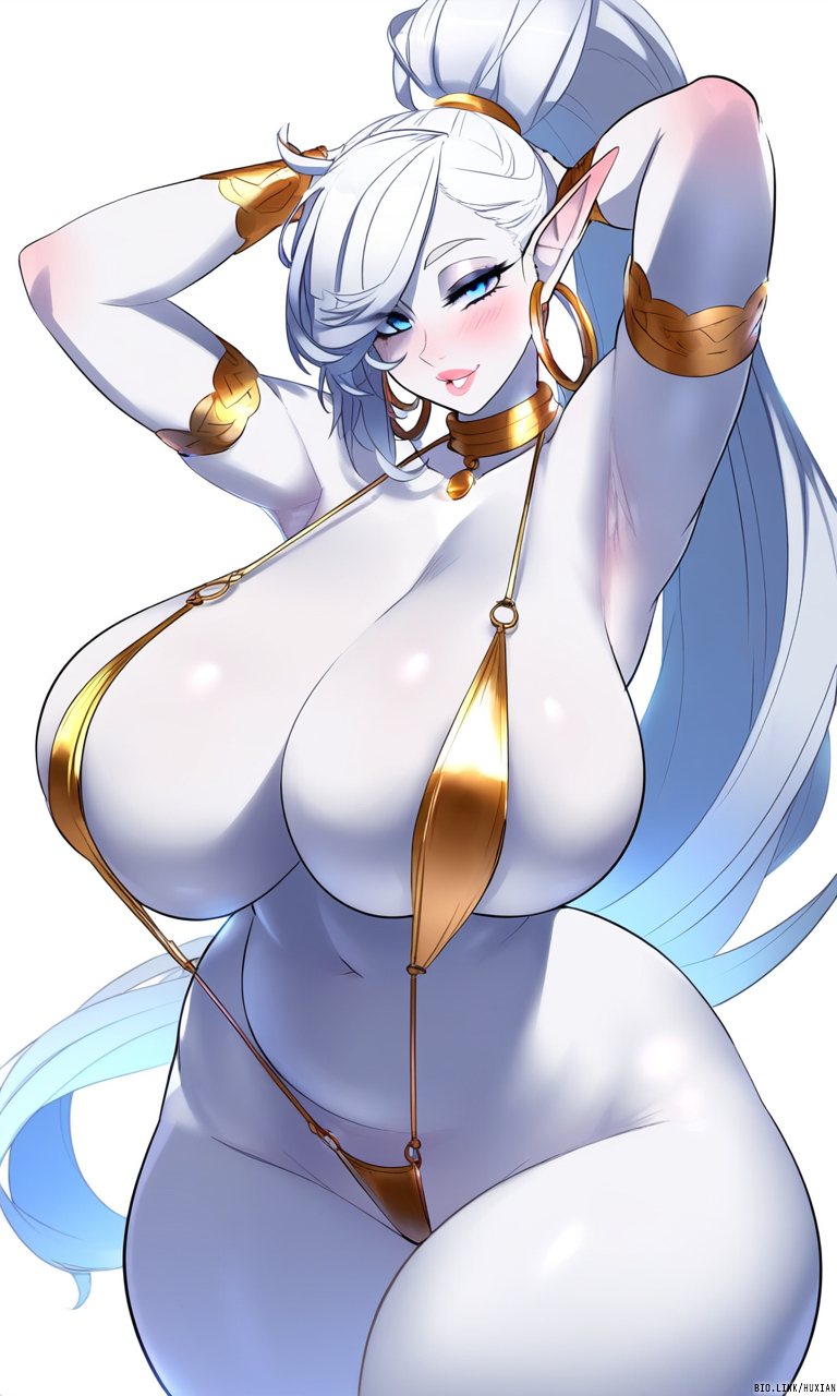 ai_generated armpits arms_behind_head bimbo blue_eyes breasts_bigger_than_head choker collar cowboy_shot curvy dress elf eyeshadow female gold_(metal) gold_bikini hands_behind_head hoop_earrings huge_breasts jewelry long_hair micro_bikini pointy_ears ponytail simple_background sling_bikini slingshot_swimsuit solo thighs viriai white_hair white_skin wide_hips