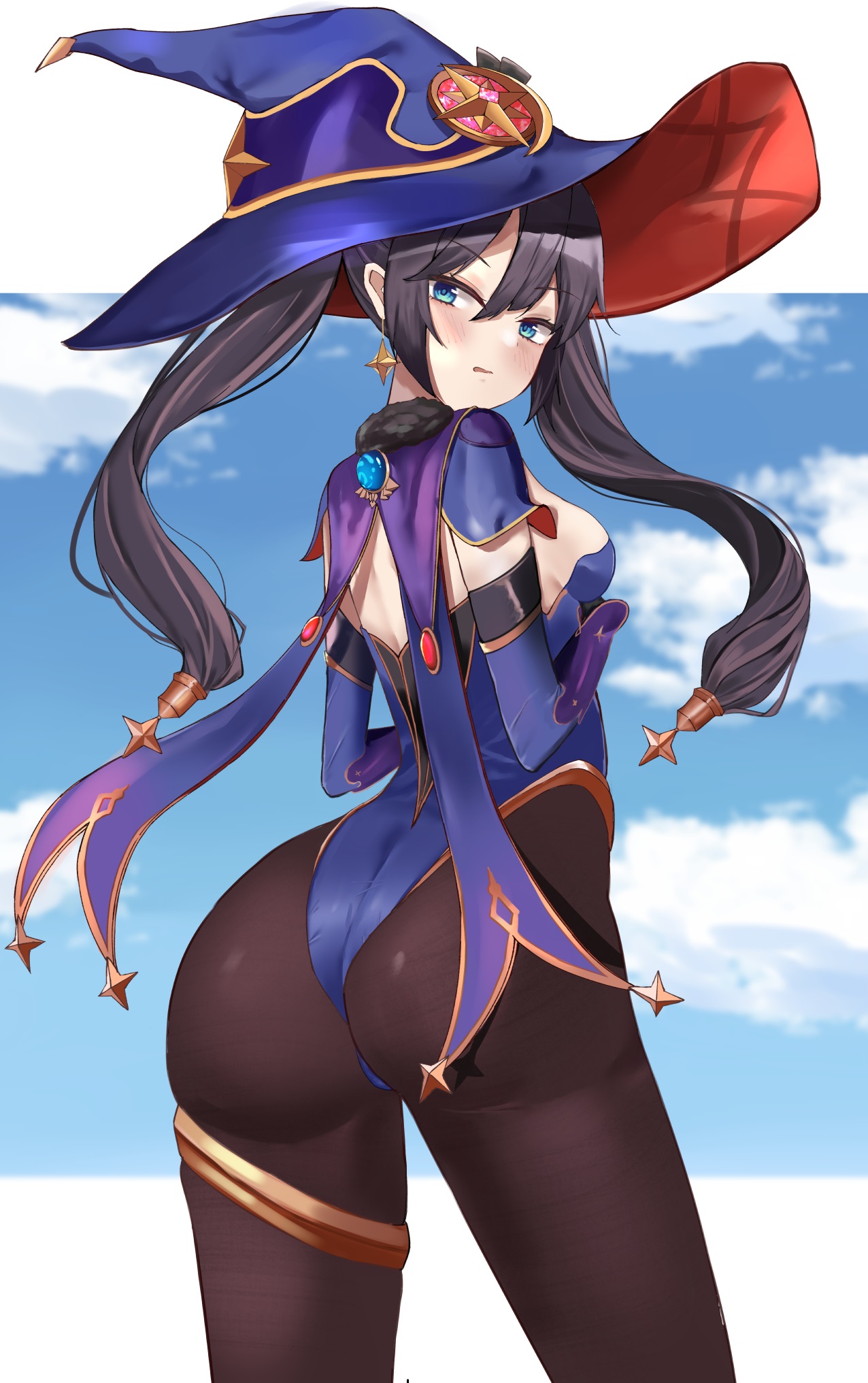 1girls, ass, black hair, blue eyes, breasts, cape, clothed, clothing, ear piercing, female, genshin impact, hat, long hair, mona (genshin impact), open mouth, outdoors, outside, rather (artist), sideboob, solo, twintails, white skin