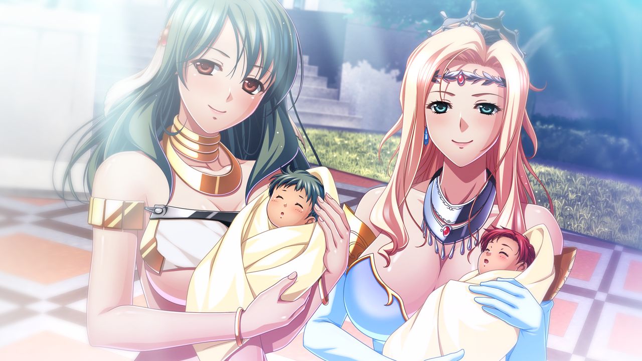 afurodia baby blonde_hair breasts cleavage dress game_cg green_hair happy_ending holding_baby holding_child hug huge_breasts kyonyuu_fantasy kyonyuu_fantasy_gaiden_2 large_breasts necklace nerisu_(kyonyuu_fantasy) queen red_hair