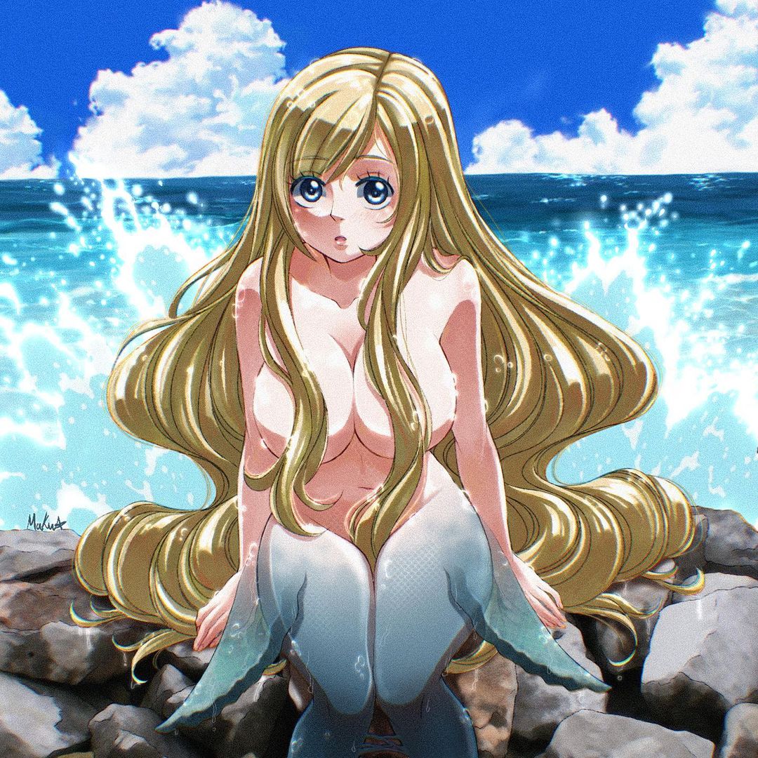 1girls beach big_boobs big_breasts big_tits blonde_hair blue_eyes boobs busty cute large_boobs large_breasts light-skinned_female light_skin long_hair maku_masaki_art mermaid oc one_piece original_character solo_female tits