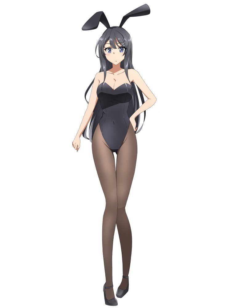 1girls, 2d, 2d (artwork), 2d artwork, ass visible through thighs, belly button, big breasts, black bunny ears, black bunnysuit, black hair, black hairband, black leotard, black topwear, black-haired female, blue eyes, blue-eyed female, breasts, brown legwear, brown pantyhose, bunny ears, bunnygirl, bunnygirl outfit, bunnysuit, busty, busty female, busty girl, busty teen, calves, cleavage, collarbone, curvaceous, curvaceous body, curvaceous female, curvaceous figure, curvaceous hips, curvaceous teen, curvy, curvy body, curvy female, curvy figure, curvy hips, curvy teen, digital, digital art, digital drawing, digital drawing (artwork), digital media, digital media (artwork), elbows, feet, female, female focus, female only, fingers, full body, groin, hair between eyes, hand on hip, hand on own hip, hand on own waist, hand on waist, high school student, hourglass figure, inguinal crease, inguinal ligament, knees, large breasts, lean figure, legs, legwear, leotard, long hair, looking at viewer, narrow waist, navel, pantyhose, plump breasts, rizuta, sakurajima mai, school girl, seishun buta yarou wa bunny girl senpai no yume wo minai, shoulders, simple background, slender body, slender waist, slim waist, solo, standing, teen girl, teenage girl, teenager, thigh gap, thighs, topwear, white background, wide hips, young female, young woman