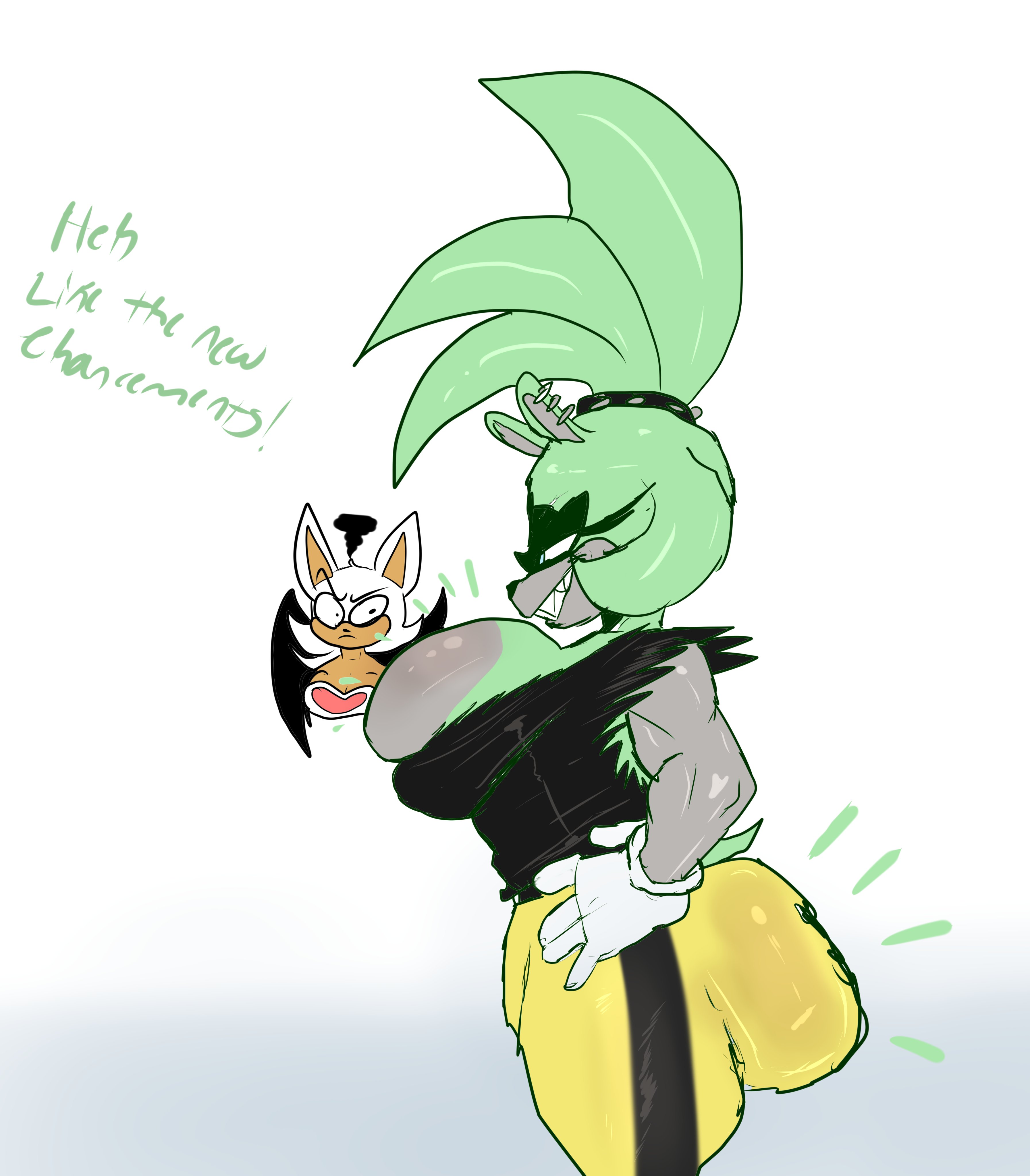 2girls, anthro, anthro penetrating anthro, ass, bat, big ass, big breasts, black shirt, blue eyes, breasts, clothed, clothed female, clothing, female, female focus, female only, gloves, huge ass, huge breasts, idw publishing, pants, rouge the bat, sega, sharp teeth, shirt, sonic (series), sonic the hedgehog (comics), sonic the hedgehog (idw), sonic the hedgehog (series), surge the tenrec, susknuckles, tenrec, white gloves, yellow pants