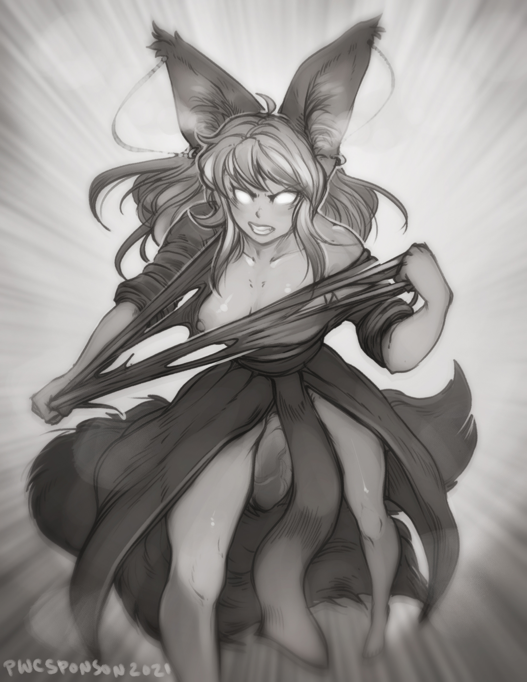 1futa, angry, animal ears, areolae, big breasts, big penis, breasts, clothed, clothing, female, fox girl, futa only, futanari, humanoid, humanoid penis, intersex, kemonomimi, looking at viewer, monochrome, nipples, partially clothed, penis, pwcsponson, solo, standing, tearing clothes, torn clothes