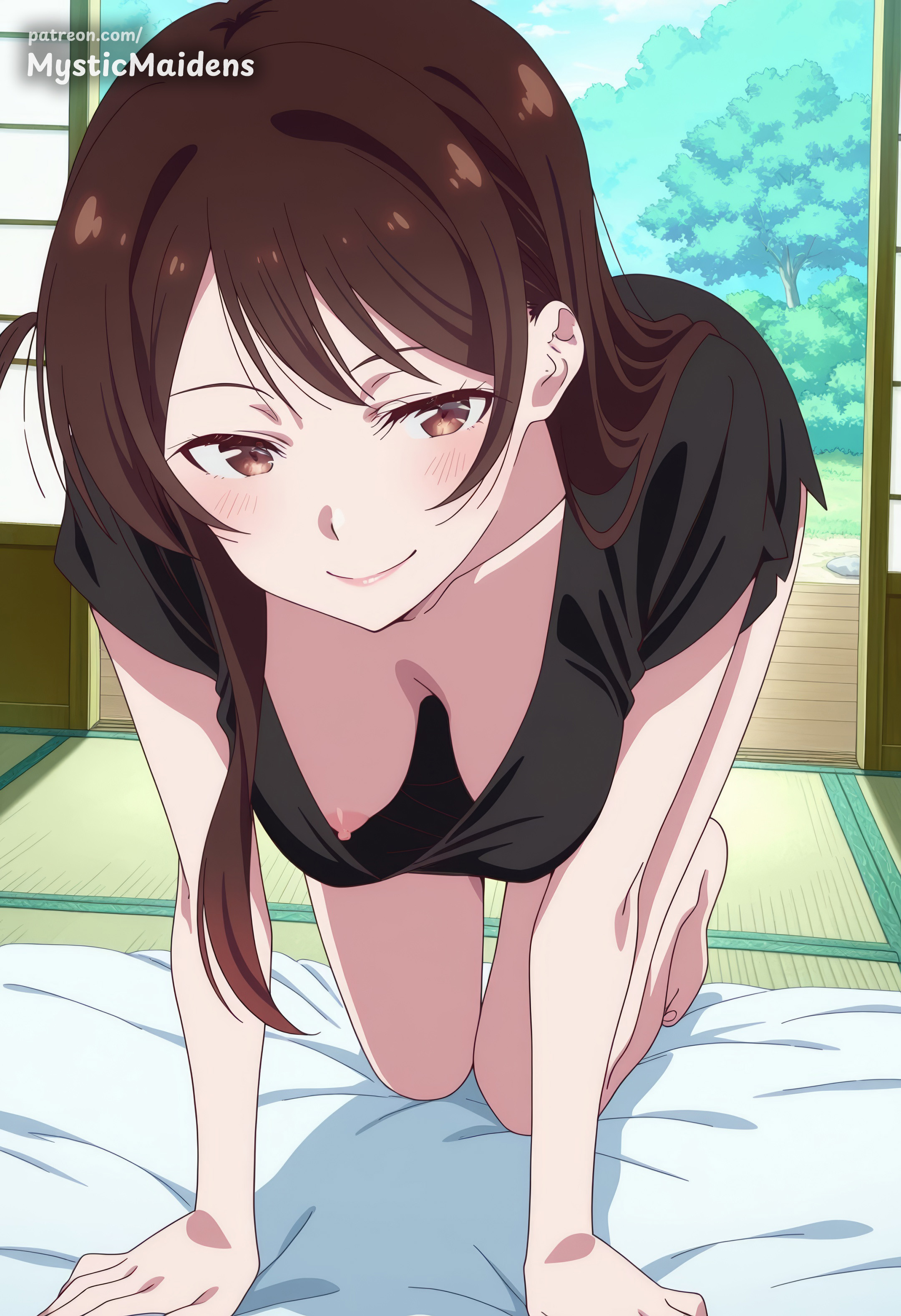 ai generated, all fours, anime, anime style, artist name, barefoot, black shirt, blush, breasts, brown eyes, brown hair, closed mouth, collarbone, downblouse, female, futon, hanging breasts, hentai, hi res, indoors, kanojo okarishimasu, long hair, looking at viewer, medium breasts, mizuhara chizuru, mystic maidens, nipple slip, nipples, no bra, patreon, shirt, short sleeves, smile, solo, tatami