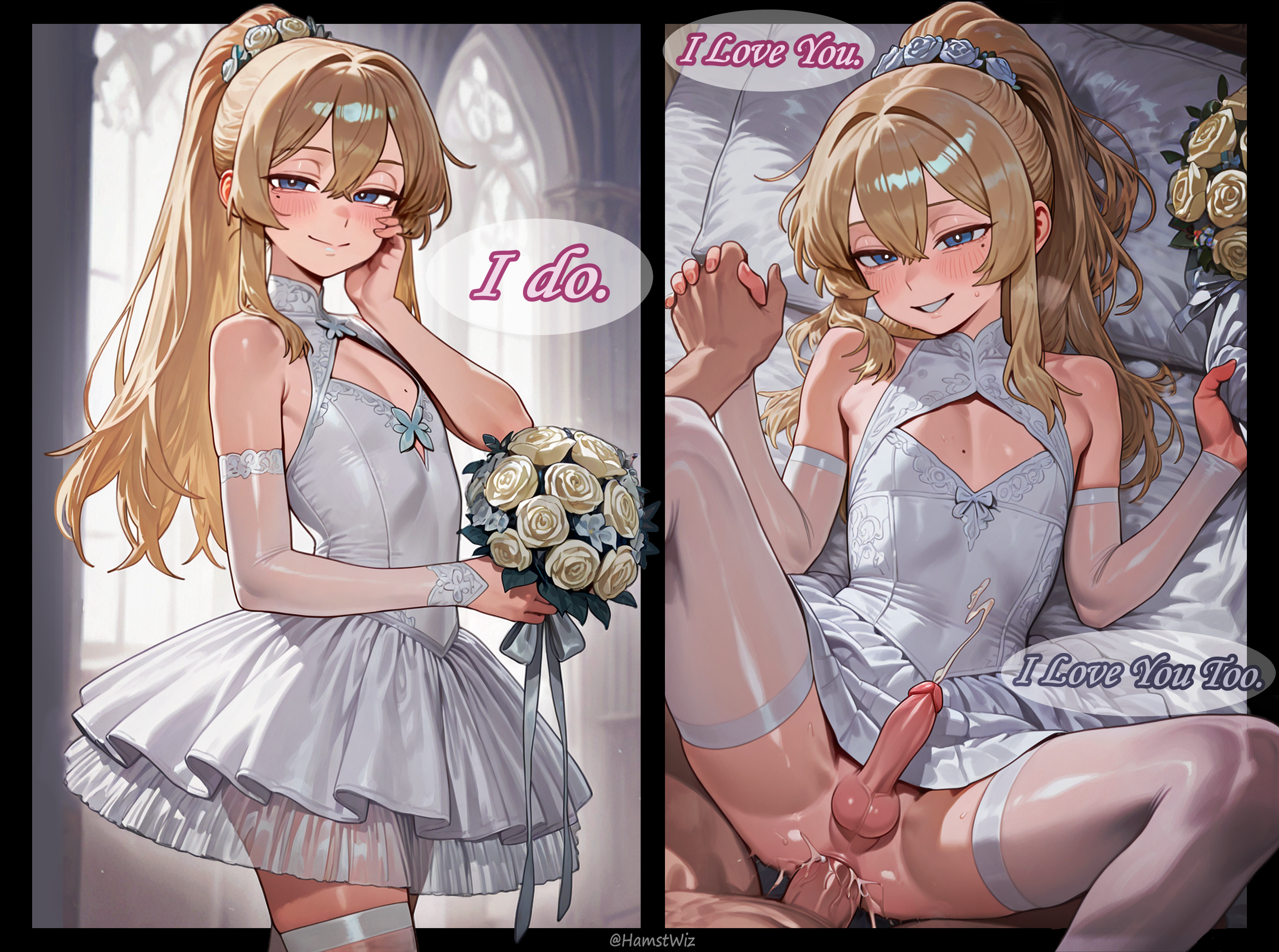 ai generated, black hair, blue eyes, butt focus, butt shake, choker, comic, condom, crotch bulge, cum, cum inside, feet, femboy, flat chest, hamstwiz, mr.hamstwiz, nyeoprime, penis, spread anus, spread ass, stockings, sweat, text, thick thighs, wedding, wet, wide hips, yaoi