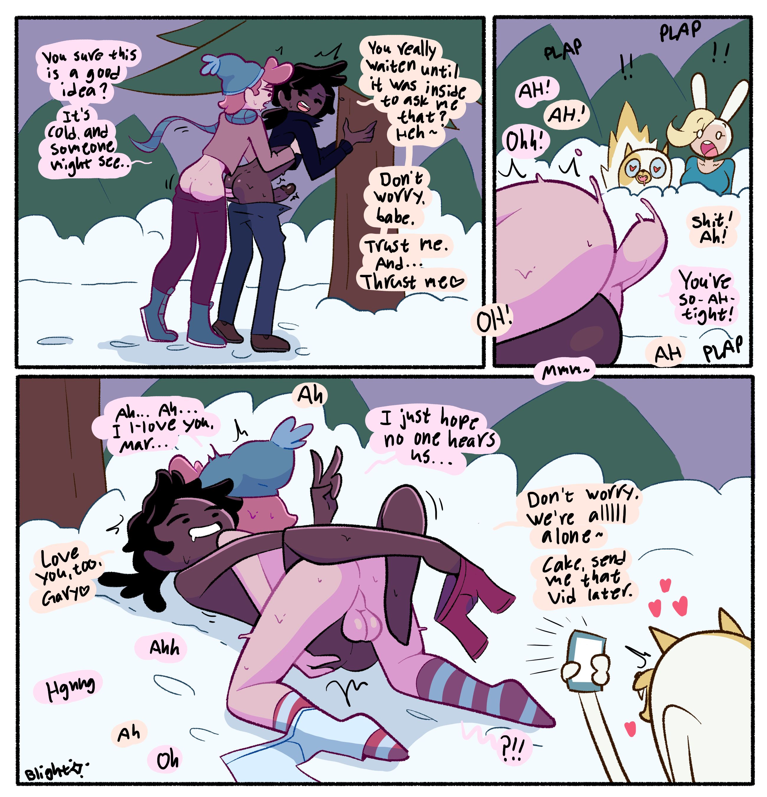 adventure time, adventure time: fionna & cake, against tree, anal, backsack, balls, being recorded, being watched, blightstar, boxers around one leg, cake the cat, caught, comic, dark skin, dialogue, dreadlocks, english text, exhibitionism, female, fionna campbell, fionna the human girl, fujoshi, gary prince, group, heart, heart-shaped pupils, human, light skin, male, marshall lee, mating press, missionary position, outdoors, pale skin, peace sign, penis, plap, snow, speech bubble, standing, standing sex, suprised, tagme, under tree, undressing, voyeur, winter clothes, yaoi, yaoi with female audience