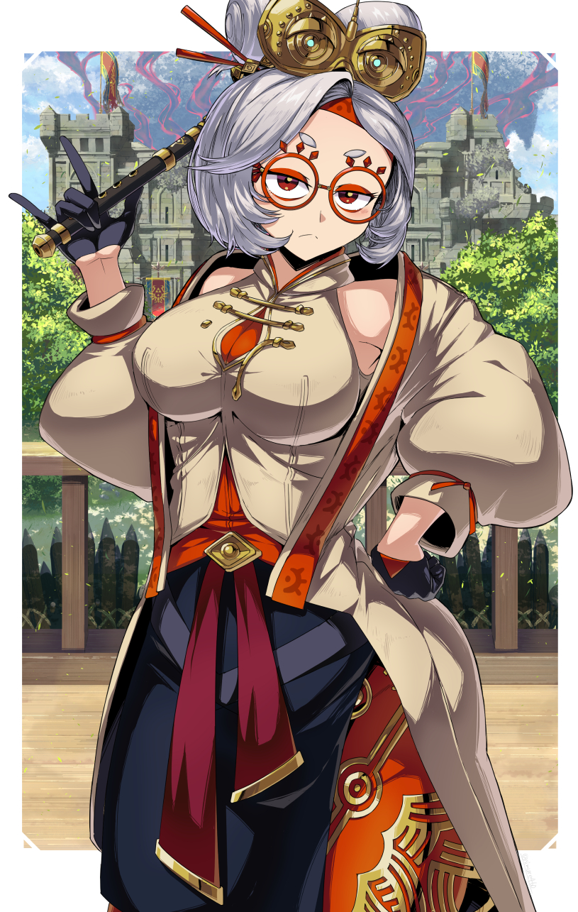 1girls, 2025, 2d, 2d (artwork), big breasts, black gloves, breasts, brown jacket, building, castle, commentary, day, female, female only, frown, frowning at viewer, gloves, grey hair, hair up, hand on own hip, highres, human, human only, jacket, large breasts, looking at viewer, medium hair, nintendo, outdoors, pantyhose, purah, purah (tears of the kingdom), railing, red eyes, red pantyhose, sfw, sheikah, shimure (460), short eyebrows, solo, solo female, tears of the kingdom, the legend of zelda, the legend of zelda: tears of the kingdom, thick thighs, thighs, tree, urban, white background, white border