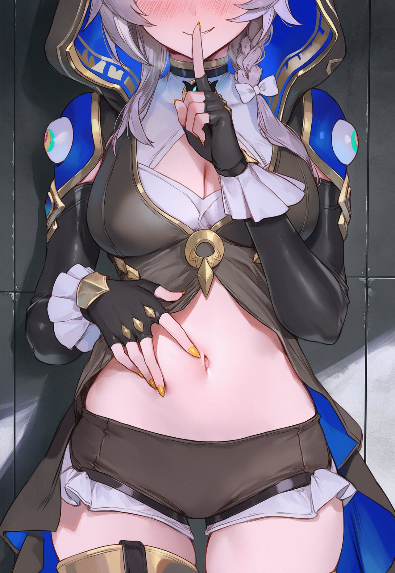 1girls, ai generated, belly, belly button, cipher (honkai: star rail), cleavage, exposed midriff, hands on stomach, honkai: star rail, navel, navel spread, shh, shorts, thighs, tummy