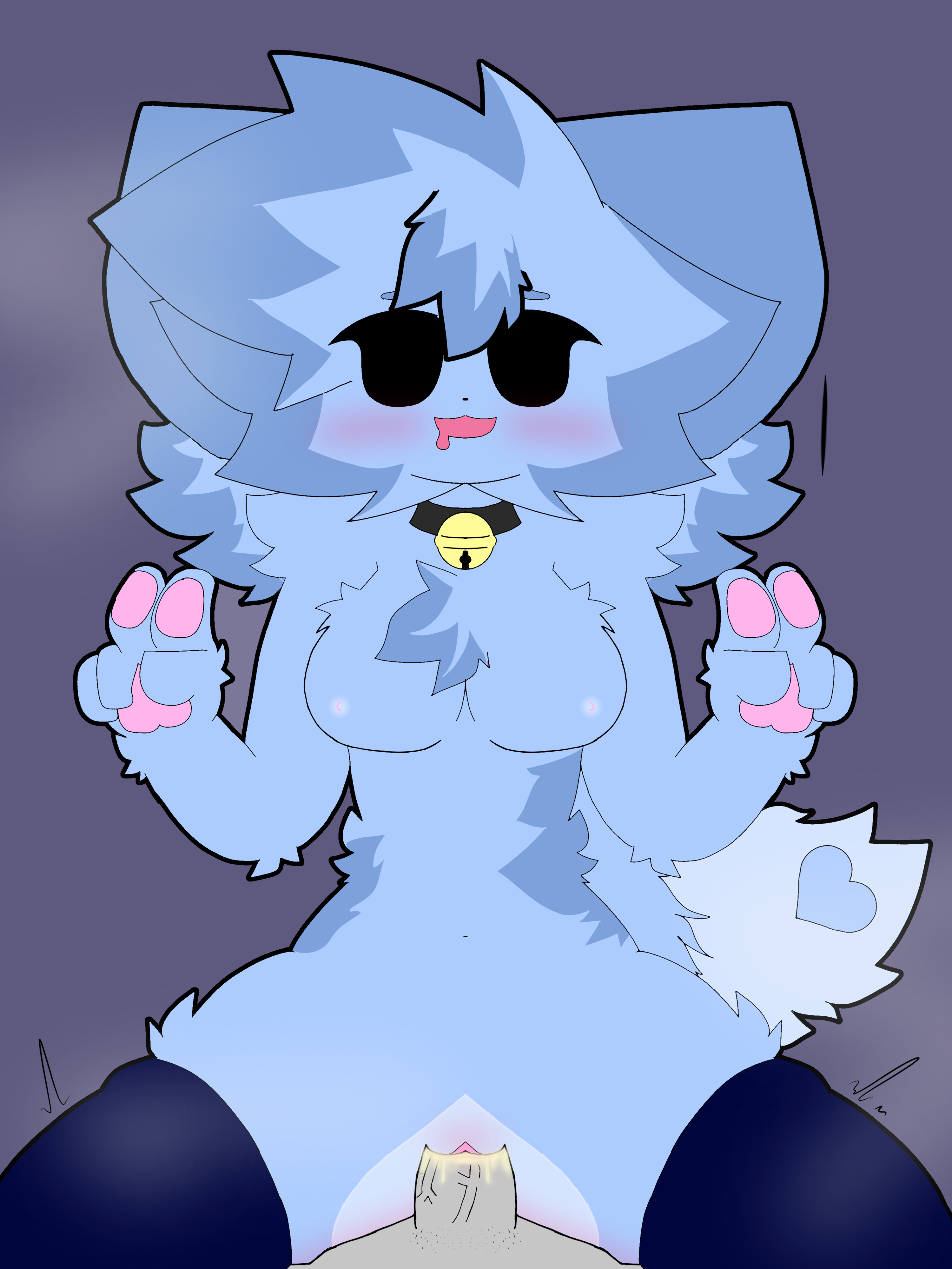 <3, bell, blue body, blue fur, boobs, cat girl, catstyle kitty, chest tuft, collar, condexterfox, cowgirl position, cum, cum in pussy, cum inside, heart symbol, kit community, nipples, pawpads, penis, penis in pussy, pussy, tail, thighhighs, v sign