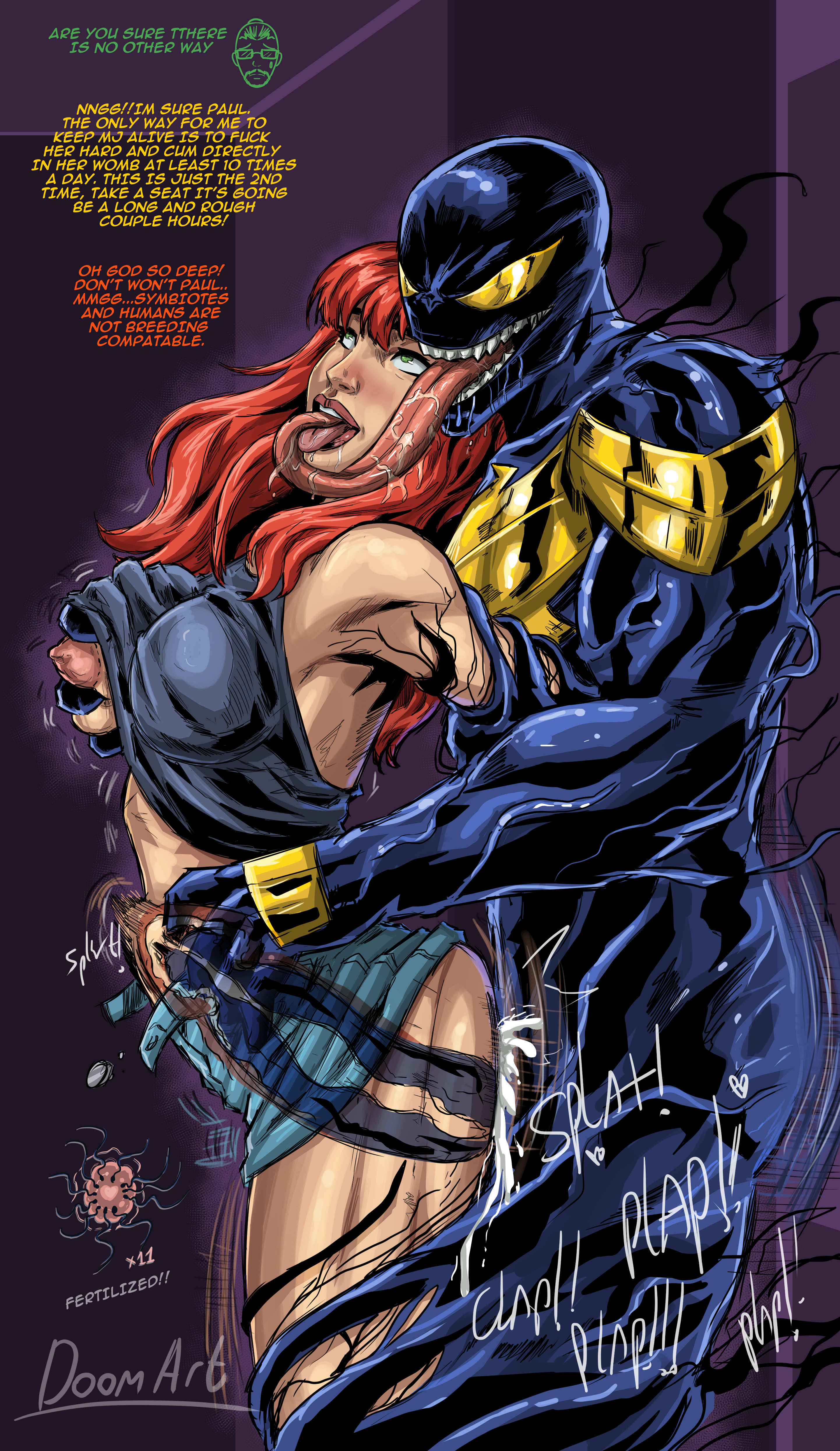 all-new venom, black sperm, breast grab, cheating, cheating girlfriend, clothed, clothed sex, clothing, cucked by villain, cuckold, cuckold pov, cum reservoir in penis, deep penetration, doomart, fertilization, green eyes, hips grab, host, impregnation, marvel, marvel comics, mary jane watson, miniskirt, multiple impregnation, paul rabin, plapping ass, red eyes, rough sex, squeezing breast, symbiote, tongue, tongue kiss, tongue out, venom, venom (marvel), venom (mary jane watson) (marvel), watching, womb penetration