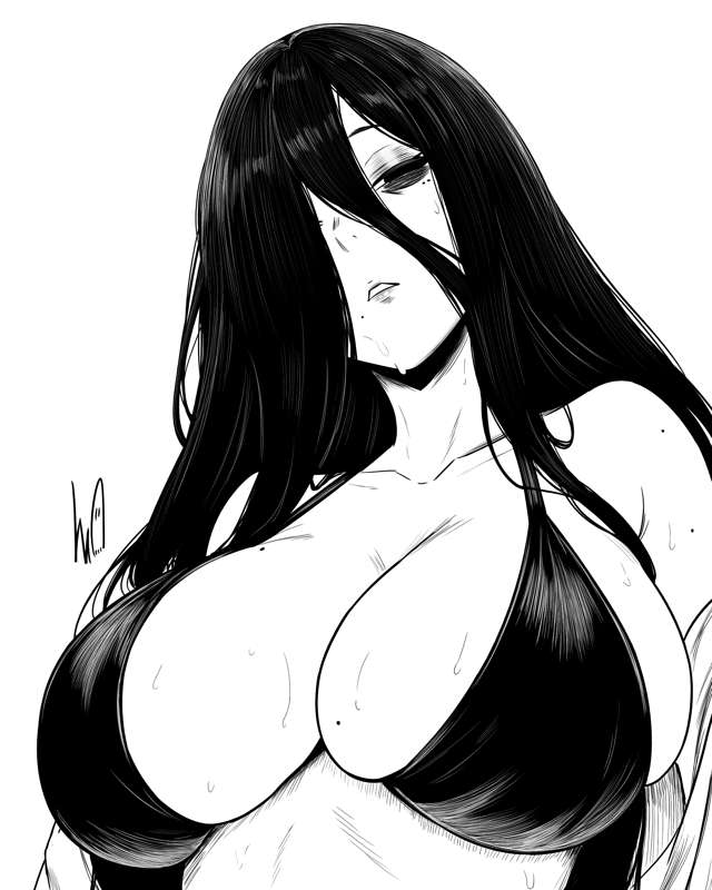 1girls, 2d, 2d (artwork), big breasts, bikini, black bikini, black hair, breasts, clothed, clothed female, female only, ghost, ghost girl, hair over one eye, long hair, long hair female, looking down at viewer, lughost, mole on breast, mole under eye, monster, monster girl, sadako yamamura, solo, solo female, the ring, white background, yamamura sadako