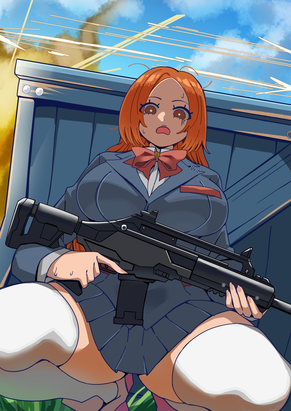 1girls, 2025, big breasts, big thighs, bleach, bullet, bullets, ceroccb, eyelashes, female, female only, fortnite, fortnite: battle royale, full body, gun, hiding, holding gun, holding object, huge breasts, huge thighs, inoue orihime, large breasts, large thighs, looking at viewer, messy hair, orange hair, ribbon, school uniform, shootout, skirt, solo, solo female, squatting, thick thighs, thigh highs, thighhighs, twitter link, voluptuous, voluptuous body, voluptuous female, weapon