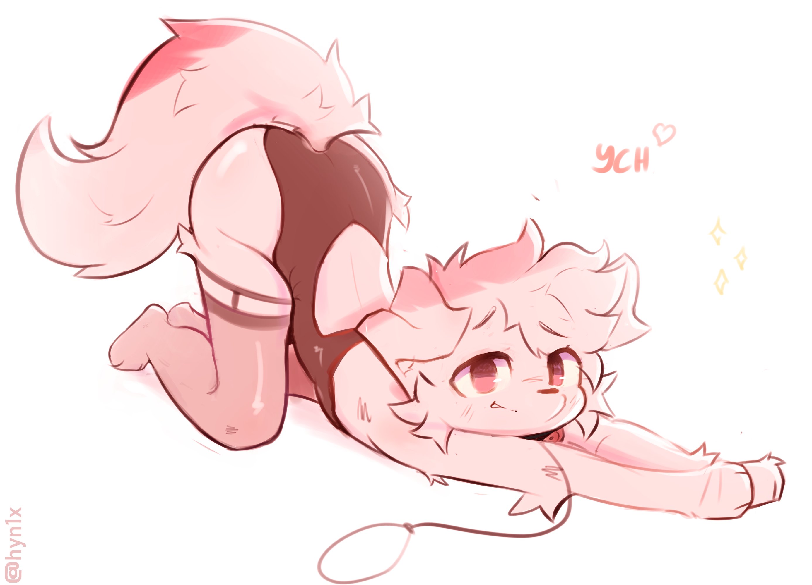 1boy, ass, ass up, canine, dog ears, downward dog, femboy, fur, furry, furry male, furry only, garter straps, hyn1x, leash, looking at viewer, male, solo, solo focus, stockings, stretching, tail, white fur