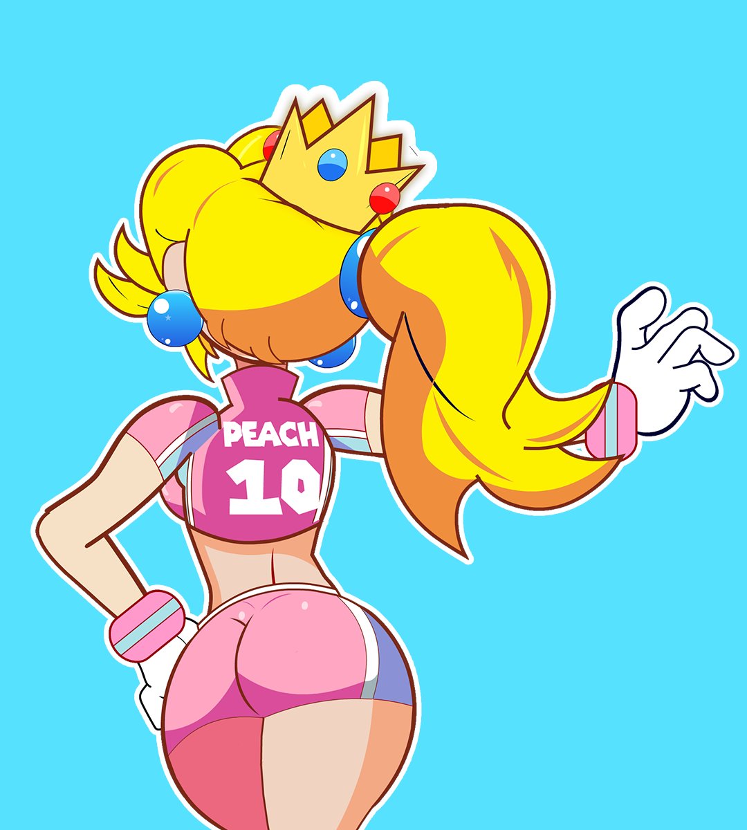 1girls, ass, blonde hair, clothed, crop top, crown, cute, earrings, female, female only, human, human only, lennester (artist), light skin, light-skinned female, mario (series), mario strikers, mario strikers peach back view redraw (meme), nintendo, pink shorts, ponytail, princess peach, shorts, simple background, solo