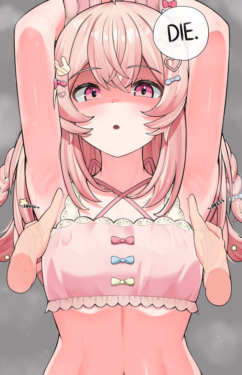 1girls, 1other, absurdres, angry, angry face, armpit fetish, armpits, arms up, bare shoulders, braid, breasts, commentary, crop top, disembodied hand, disgust, disgusted, english commentary, english text, female, flat chest, grey background, groping, hair ornament, hate, hatred, heart, heart hair ornament, highres, long hair, looking at viewer, midriff, nobarts, paid reward available, parted lips, petite, phase connect, pink eyes, pink hair, pink tank top, pipkin pippa, pipkin pippa (1st costume), rabbit hair ornament, shaded face, simple background, small breasts, solo focus, sound effects, speech bubble, tank top, twin braids, upper body, variant set, virtual youtuber, vtuber