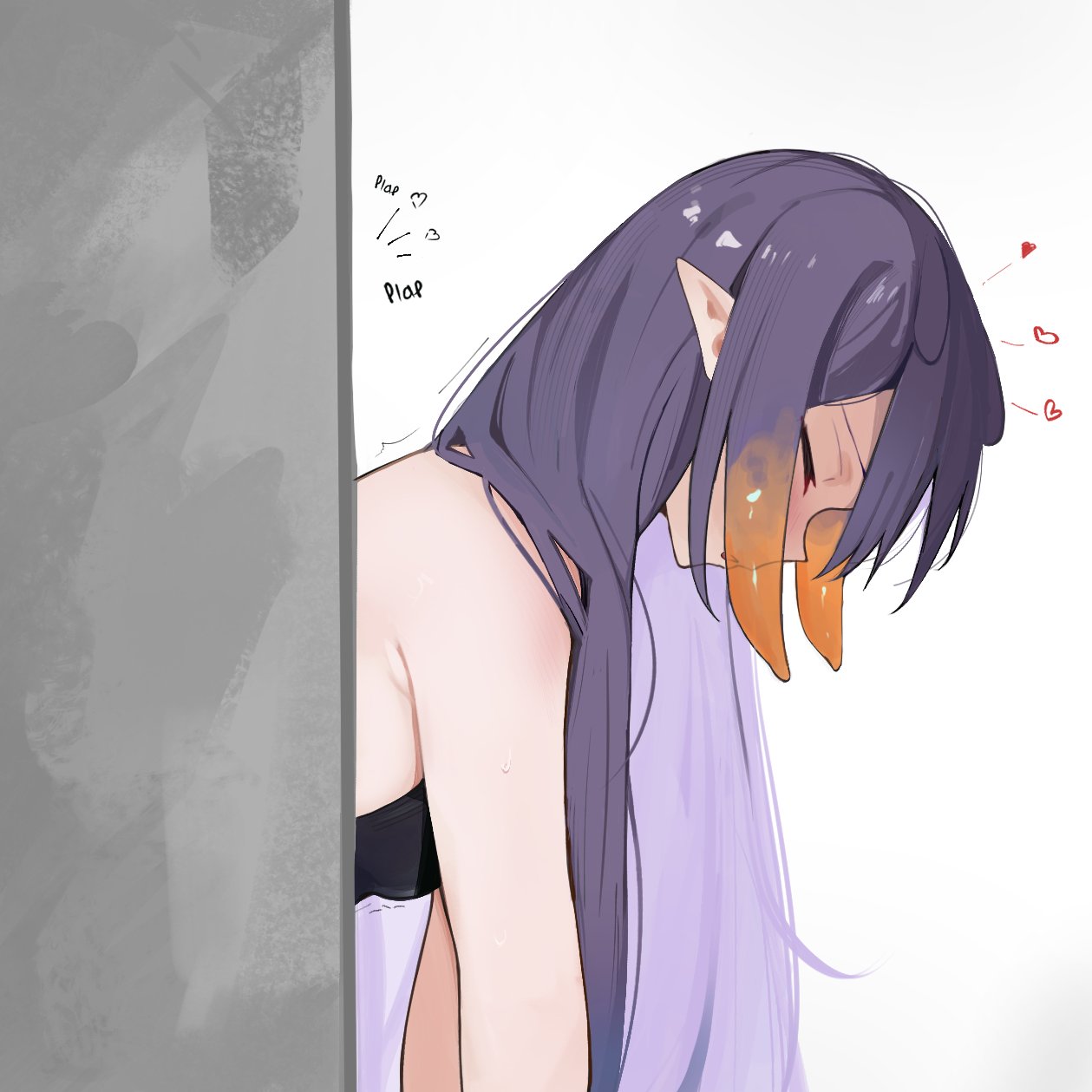 1girls, bent over, black shirt, closed eyes, commentary, female, from side, gradient hair, heart, highres, hololive, hololive english, implied sex, ku roiko, long hair, multicolored hair, ninomae ina'nis, open mouth, orange hair, plap, pointy ears, purple hair, shirt, sidelocks, simple background, sleeveless, sleeveless shirt, solo, sound effects, tentacle hair, virtual youtuber, white background