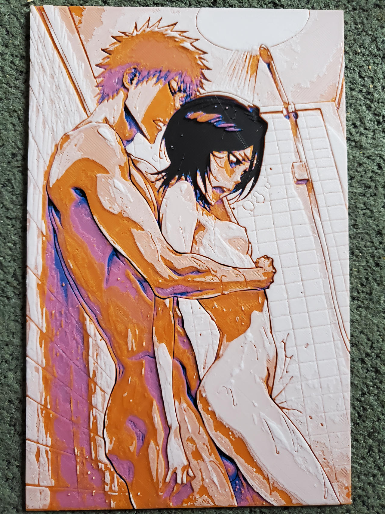 1boy1girl, 3d print, ai generated, black hair, bleach, jeedwi, kuchiki rukia, noxxi (artist), orange hair, shower sex